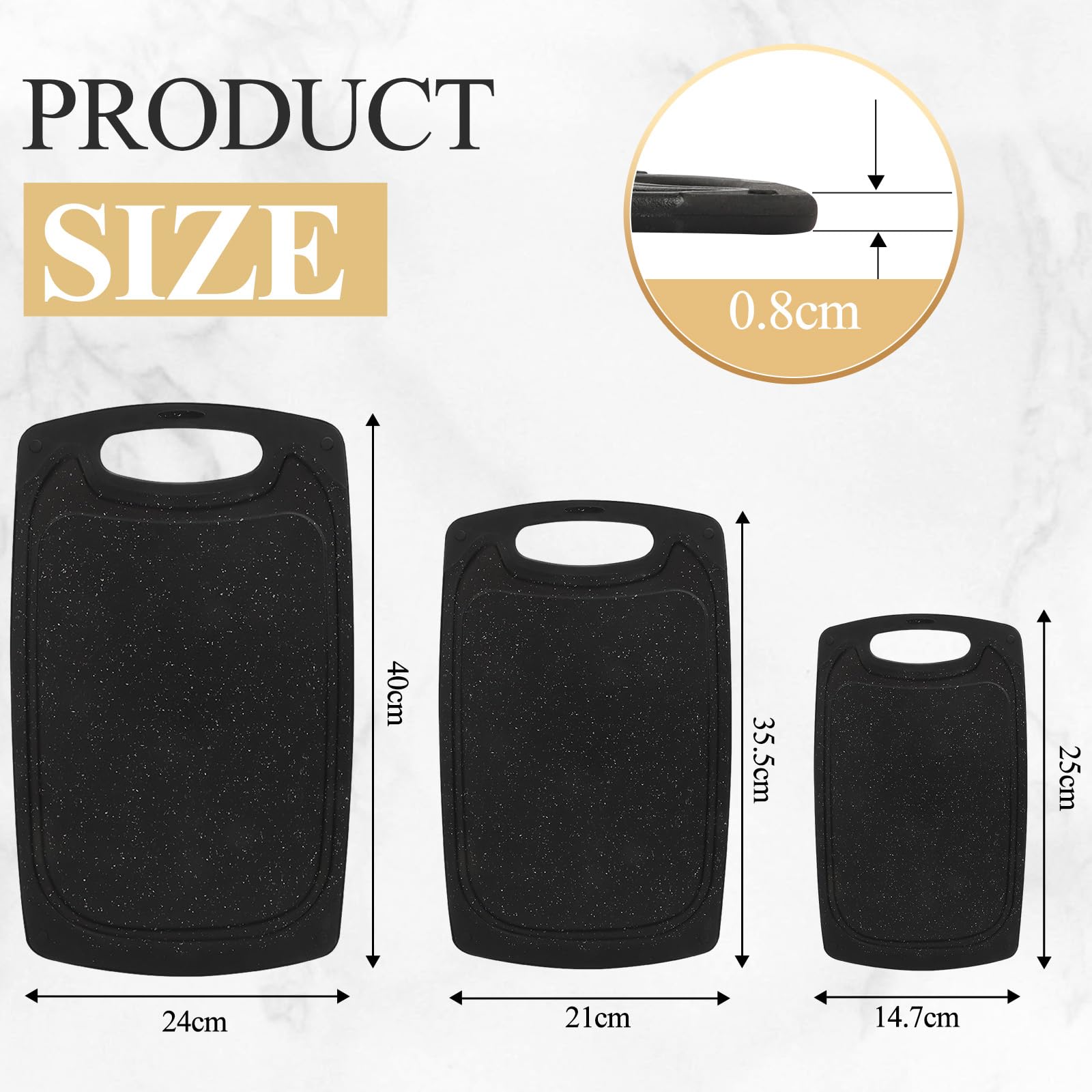 Set 3 Tabla Cortar Cocina, Tabla Cortar de Plástico Sin BPA, Cutting Board con Asas y Ranura para el Jugo, Chopping Board Antideslizante para Verduras/Frutas/Carnes, Negro