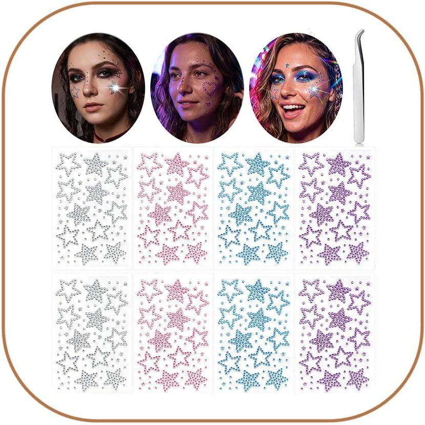 QWALIT Star Face Gems Hair Gems Hair Jewels Face Jewels Stick on Rhinestones for Makeup Pink Blue Purple Sticker Body Self-Adhesive Y2K Jewelry Rave Party K-Pop Music Festival Concert Accessories