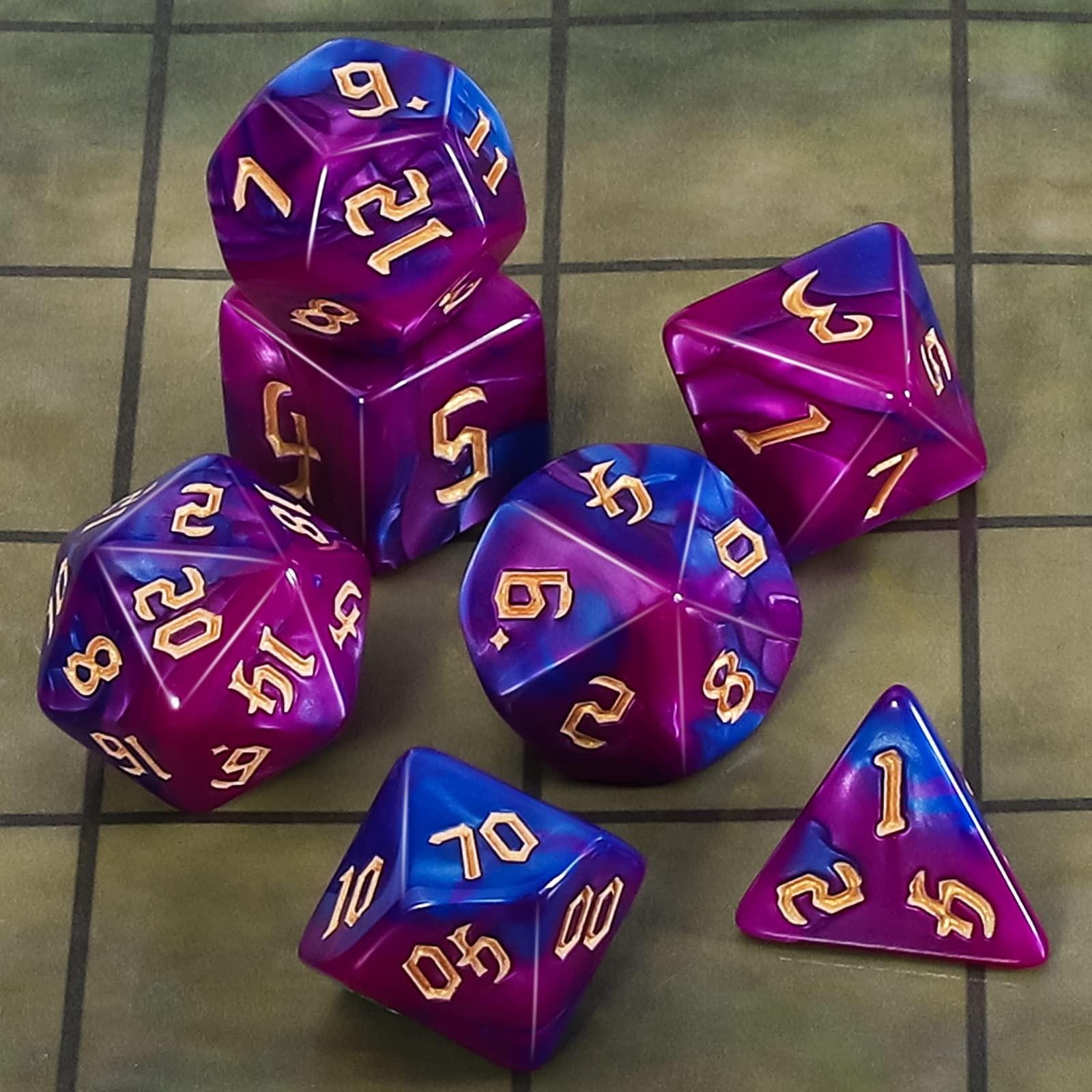 QMAY DND Dice Polyhedral Dice Set – 7 pezzi per Dungeon and Dragons MTG RPG D&D D20, D12, D10, D%, D8, D6, D4 (blu con viola) - 2