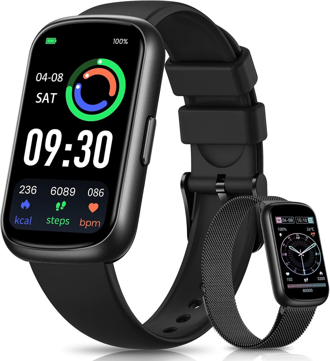 Fitness Tracker, Smart Watches for Women/Men, 24/7 Heart Rate Monitor Watch with Sleep Tracker, Step Counter, 20+ Sport Modes Fitness Watches for Women/Men, Android Smart Watch for Phones Black