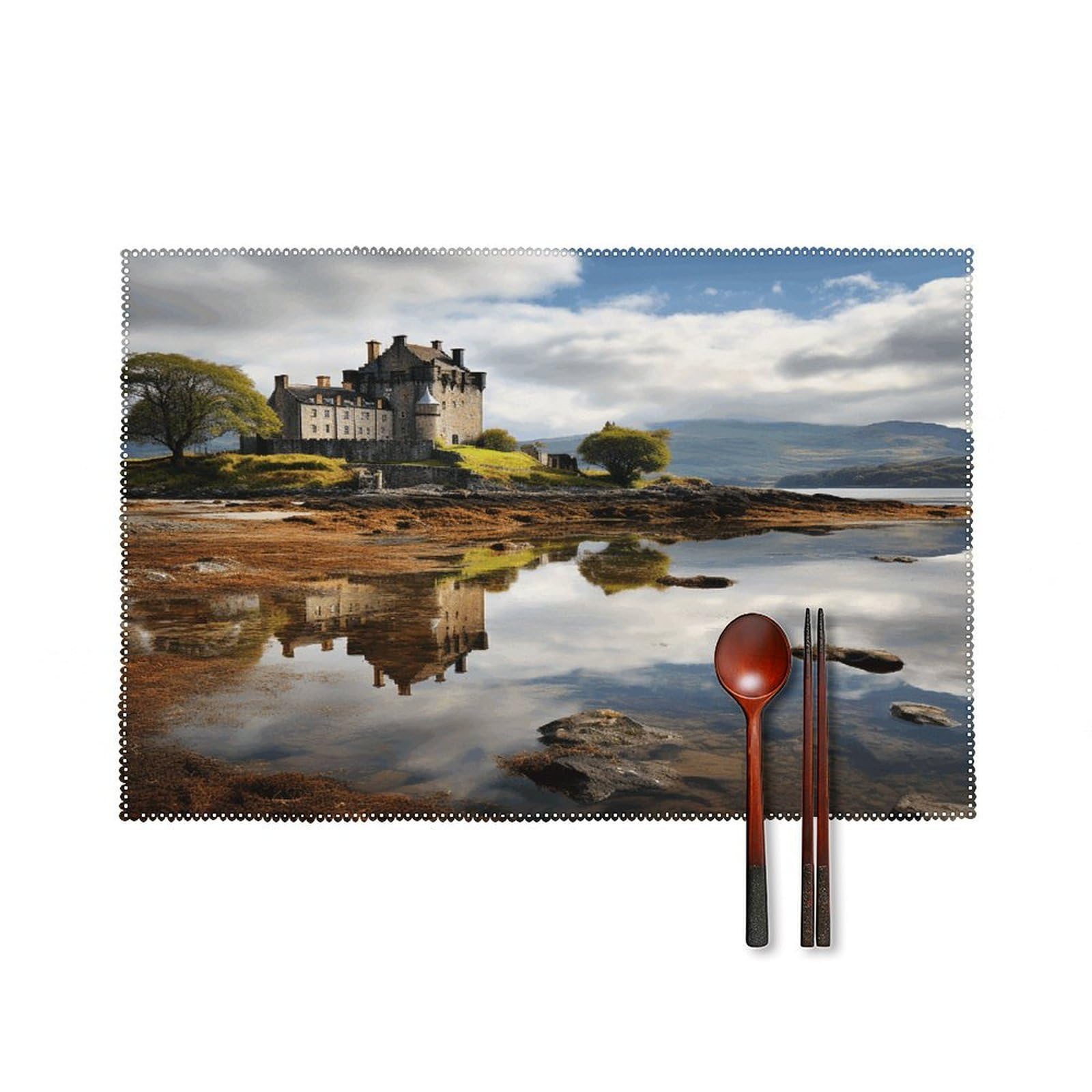 Scotland Castle Water Lake Scottish Placemats Set of 6 Non-Slip Heat Resistant Table Mats Canvas Washable Cloth Place Mats Easy to Clean Premium Placemat for Kitchen Dining Table Decoration
