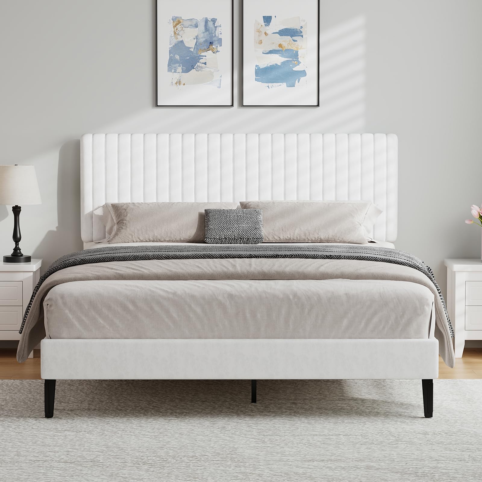 HOMBCK King Size Bed Frame, Upholstered Platform Bed with Velvet Channel Tufted Headboard, Wood Slat Support, No Box Spring Needed, White, 150x200
