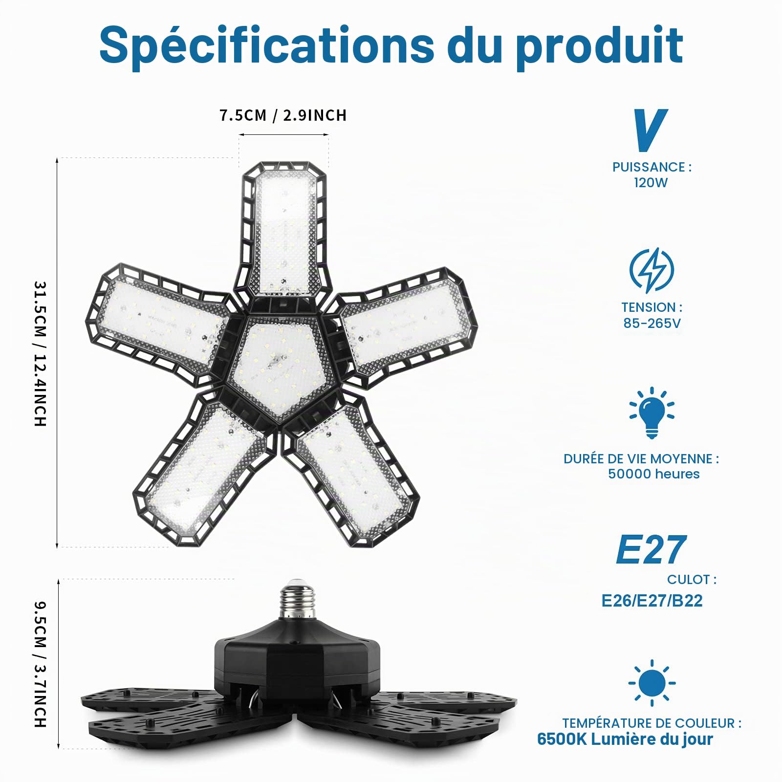 CREATESTAR Éclairage LED 5+1 Pour Garage, 120W Lampe d'Atelier à 5 Panneaux Ajustables, E26/E27 Super Brillant Pour Entrepôt, Sous-Sol, Cuisine (Paquet de 2)