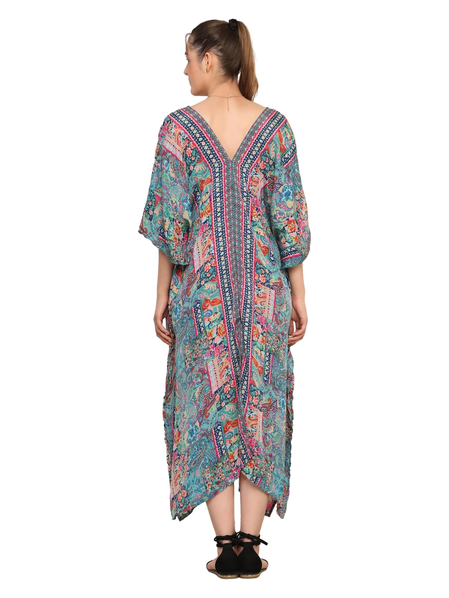 KE KANHA EXPORTS Long Kaftan for women's & girls unique border design and tassel stretchable adjustable drawstring free size western kaftan fit flared floral all seasons-1213 - Image 3 thumbnail