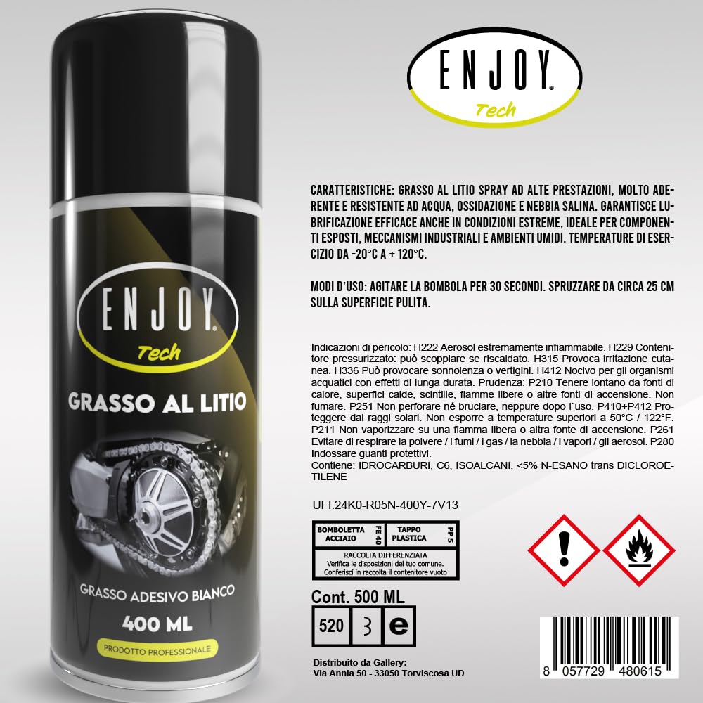 Enjoy Tech Grasso al Litio Spray 400ml, Lubrificante per Serrande, Cancelli e Cuscinetti Bici, Grasso Bianco Idrorepellente Anti-Ossidazione per Meccanica Auto e Casa, Professionale Made in Italy