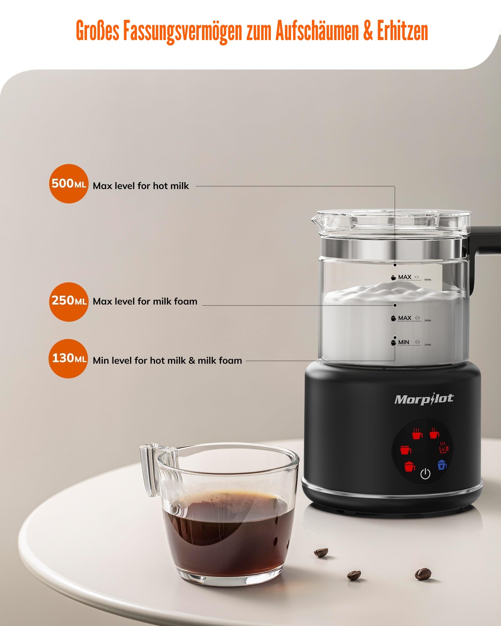 Morpilot Milchaufschäumer Elektrisch, 6 in 1 Milchschäumer für Milchschaum heiß und kalt, heißer Schokolade, 130-500ml, 600W, Visuelles Glas, Latte-Design, Spülmaschinenfest, Schwarz