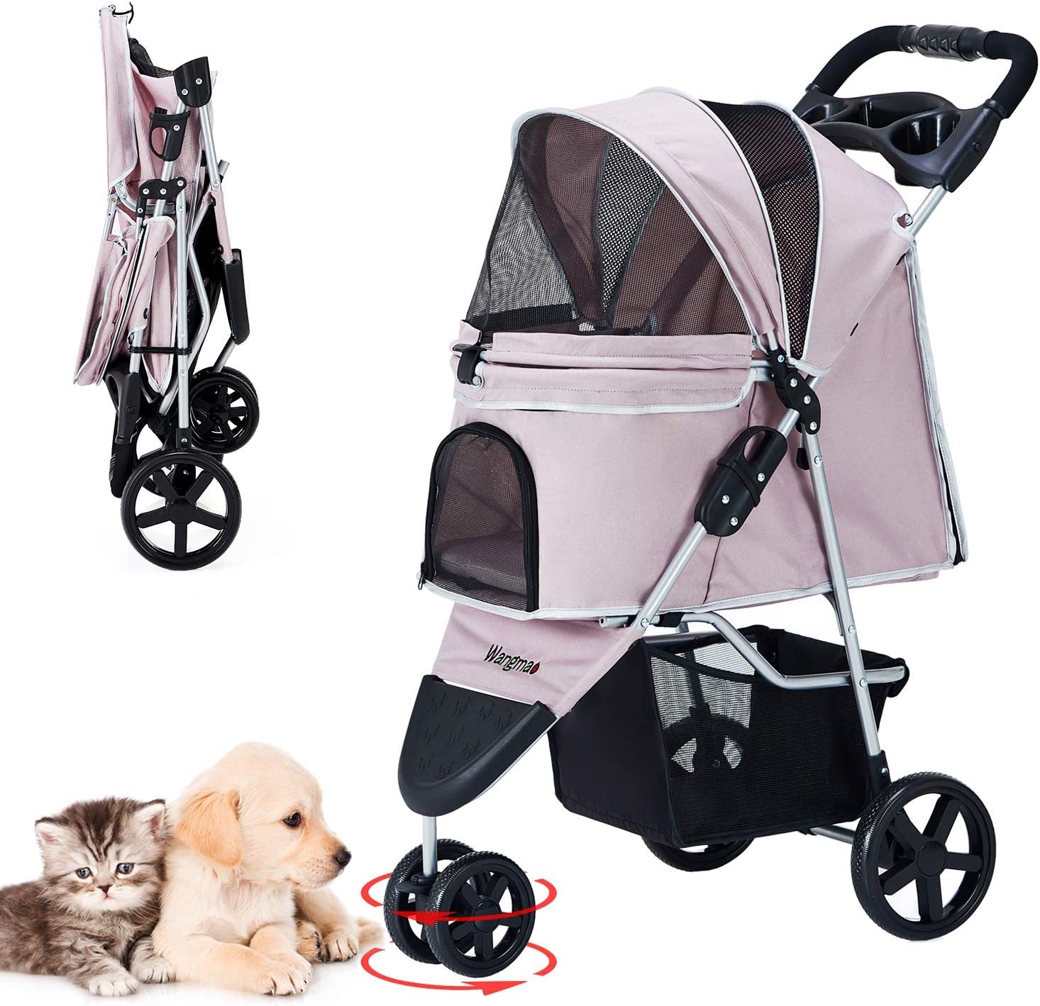 Nastarki Carrito para Perros, Cochecito Plegable Mascotas Cochecito de Mascotas de 3 Ruedas para Gatos/Perros, Cochecito para Perros Adecuado para Perros Pequeños de Hasta 15 Kg (Rosado)