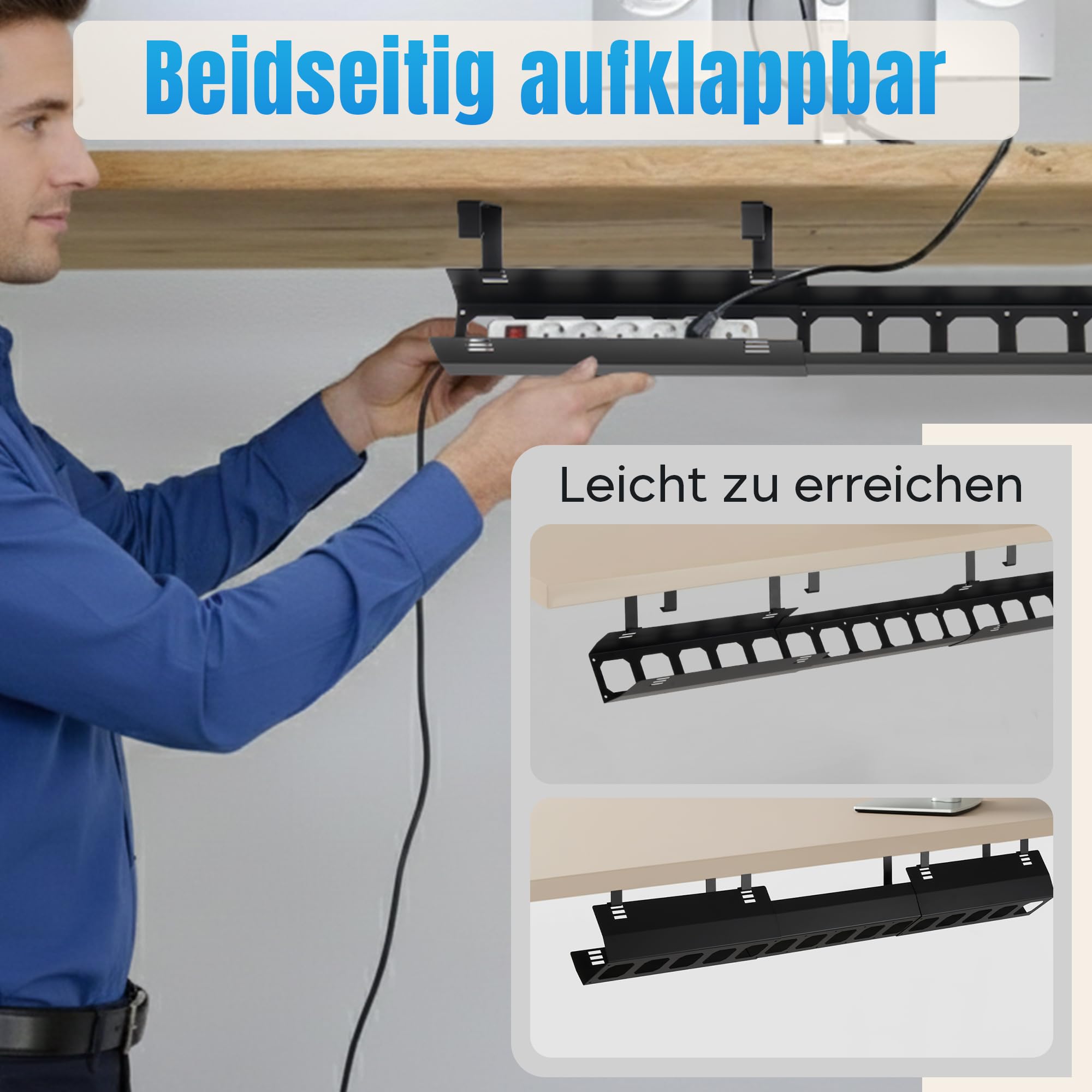 2GOODz Kabelwanne für Schreibtische, geneigt, ausziehbar 84-122 cm, legierter Stahl