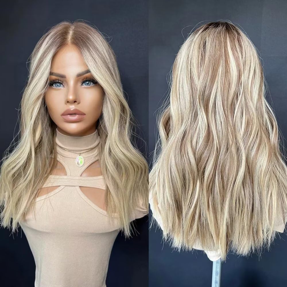 Brown Roots Ashy Blonde Highlights Wig Premium Brazilian HD Invisible 13X4 Lace Front Wig Human Hair Bleached Knots P18/613 Ombre Ash Blonde Loose Wave Human Hair Wig for Women 150 Density