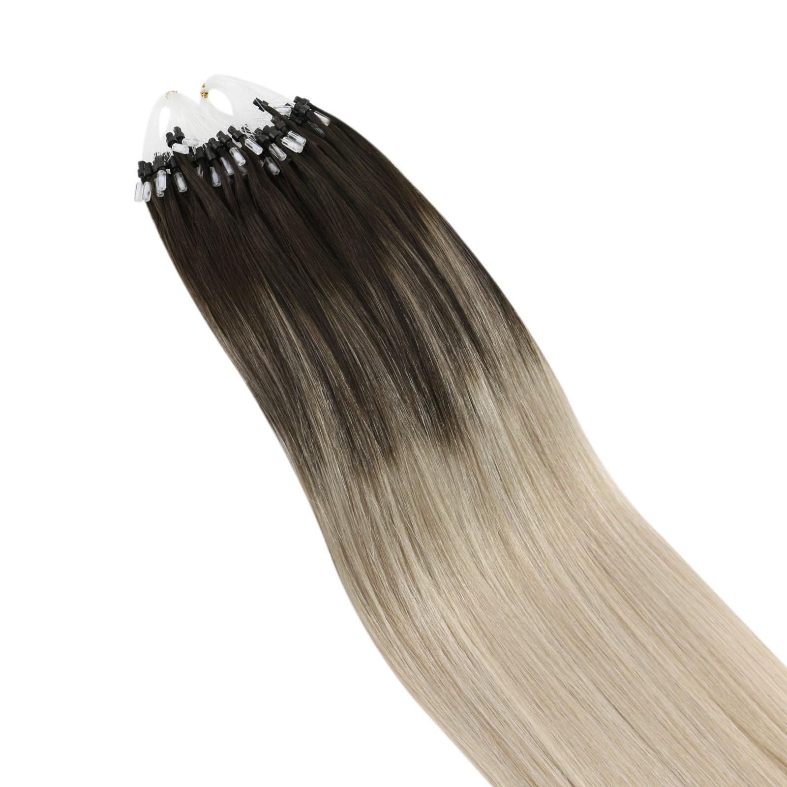 Ugeat Dopinki do włosów z prawdziwych włosów, mikro-pierścienie, brązowe, blond, 55 cm, balejaż, jasnobrązowy, 50 g, 4/14/60