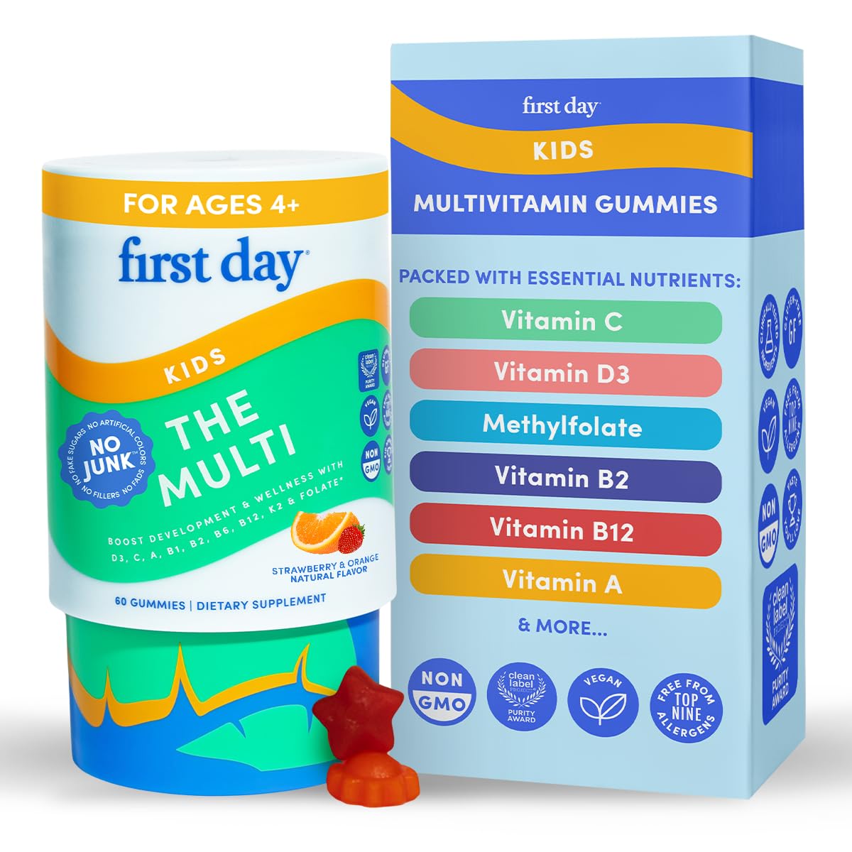 First Day Kids Multivitamin Gummies Age 4+, Strawberry & Orange - Kids Vitamins Multivitamin Gummy A C D3 K2 B1 B2 B6 B12 Folate, Immunity & Brain Function, Vegan - 30 Day Supply, Packaging May Vary