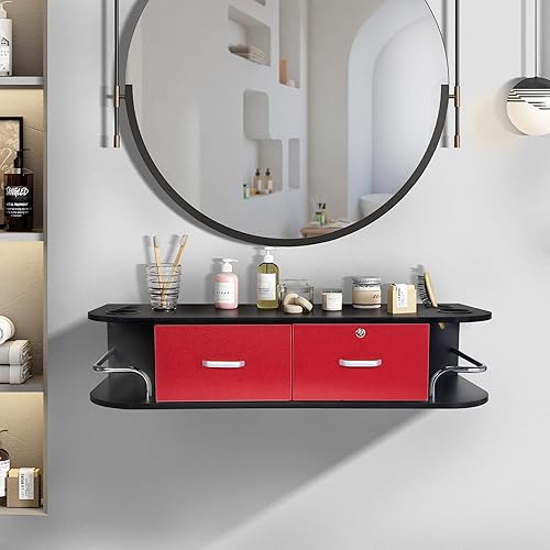 Estación de salón de montaje en pared, estación de estilo moderno con 2 cajones y 5 portaherramientas, juego de equipos de peluquería de spa de