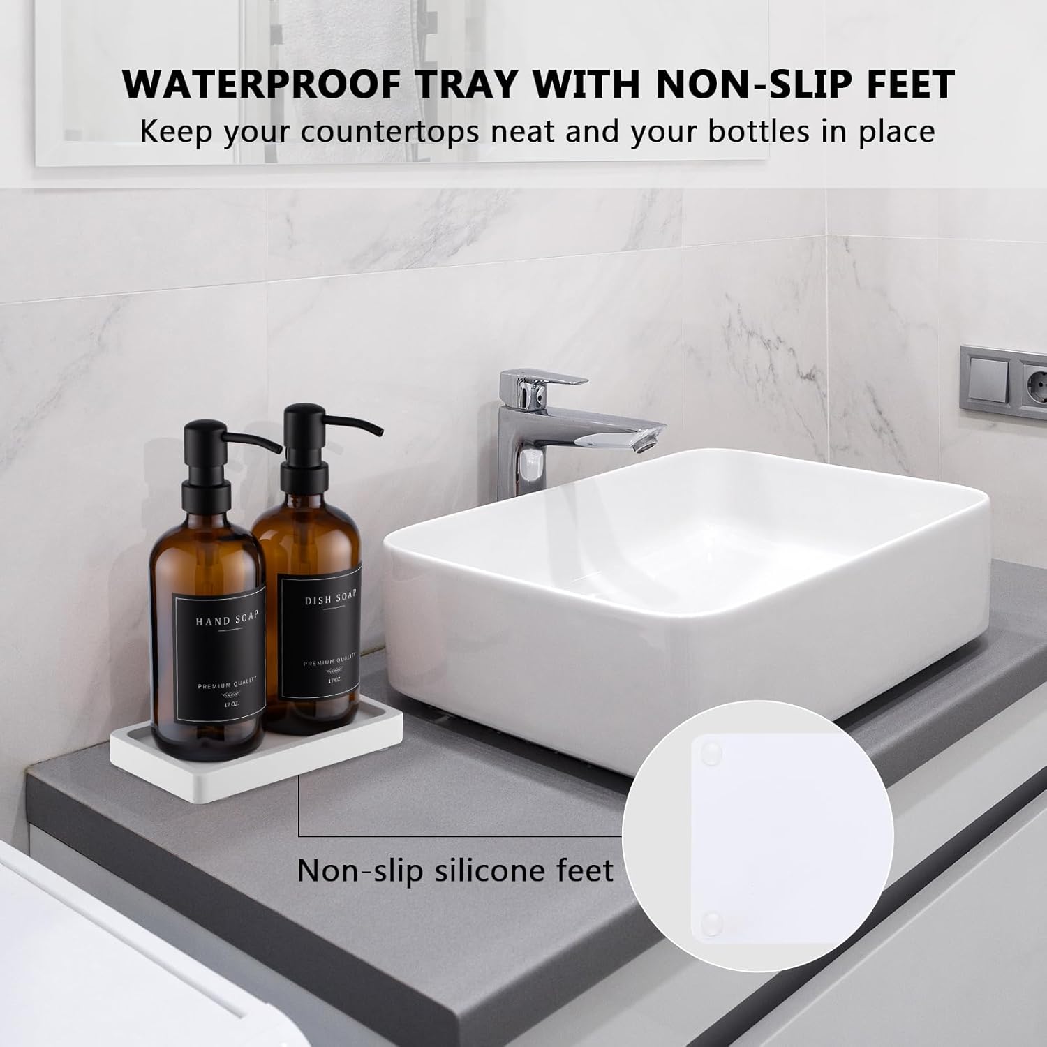 Thick Glass Soap Dispenser - Kitchen Dish Hand Soap Dispenser Set, Rustproof Pump Soap Lotion Dispenser Bathroom with Tray,14 Stickers for Kitchen Decor Amber Bottle/Black Pump - Image 6