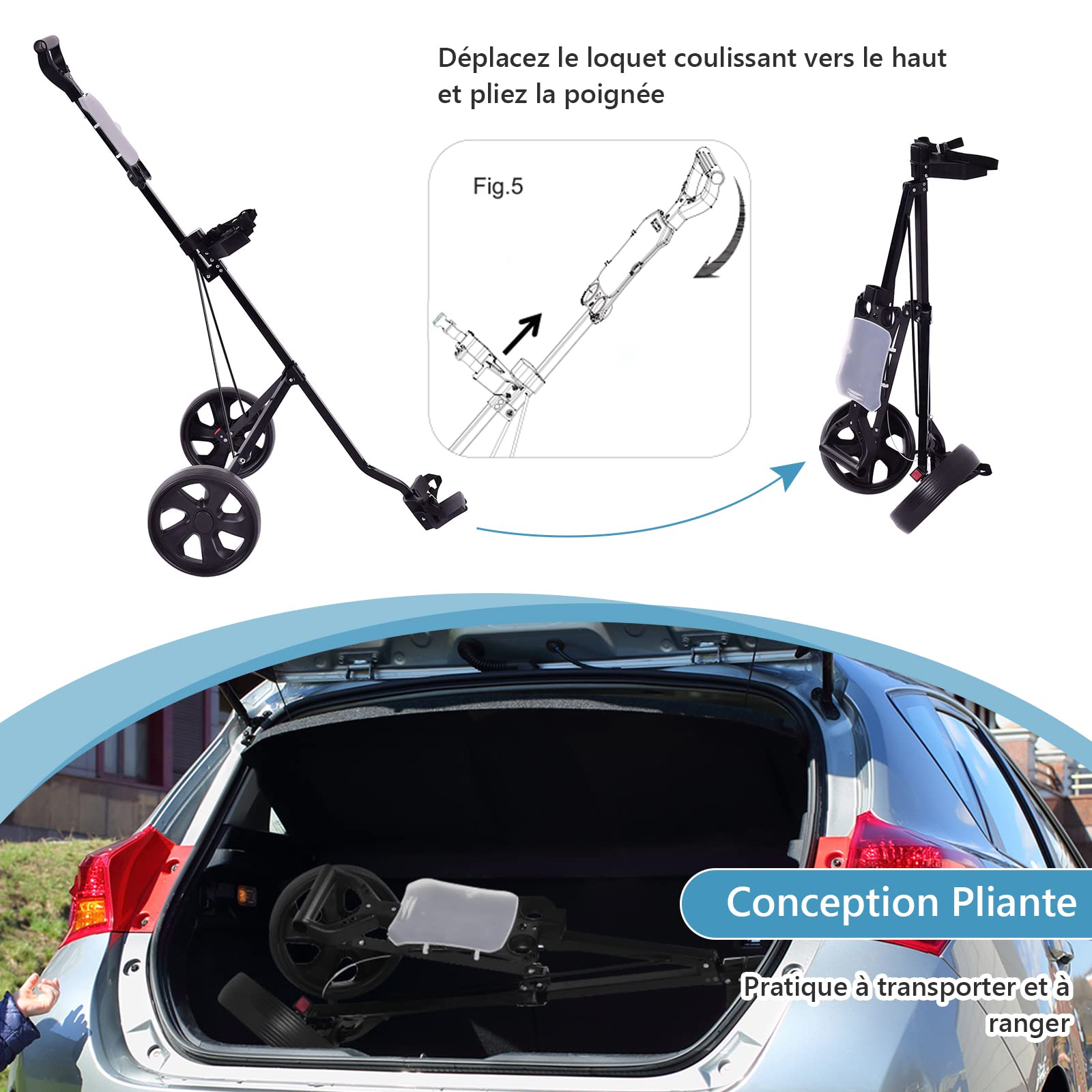 GOPLUS Chariot de Golf à 2 roulettes, Chariot de Golf Pliable avec Poignée Ergonomique, Sangles de Sac Ajustables et 2 roulettes, Facile à Pousser et à Tirer, 67 x 142 x 112CM
