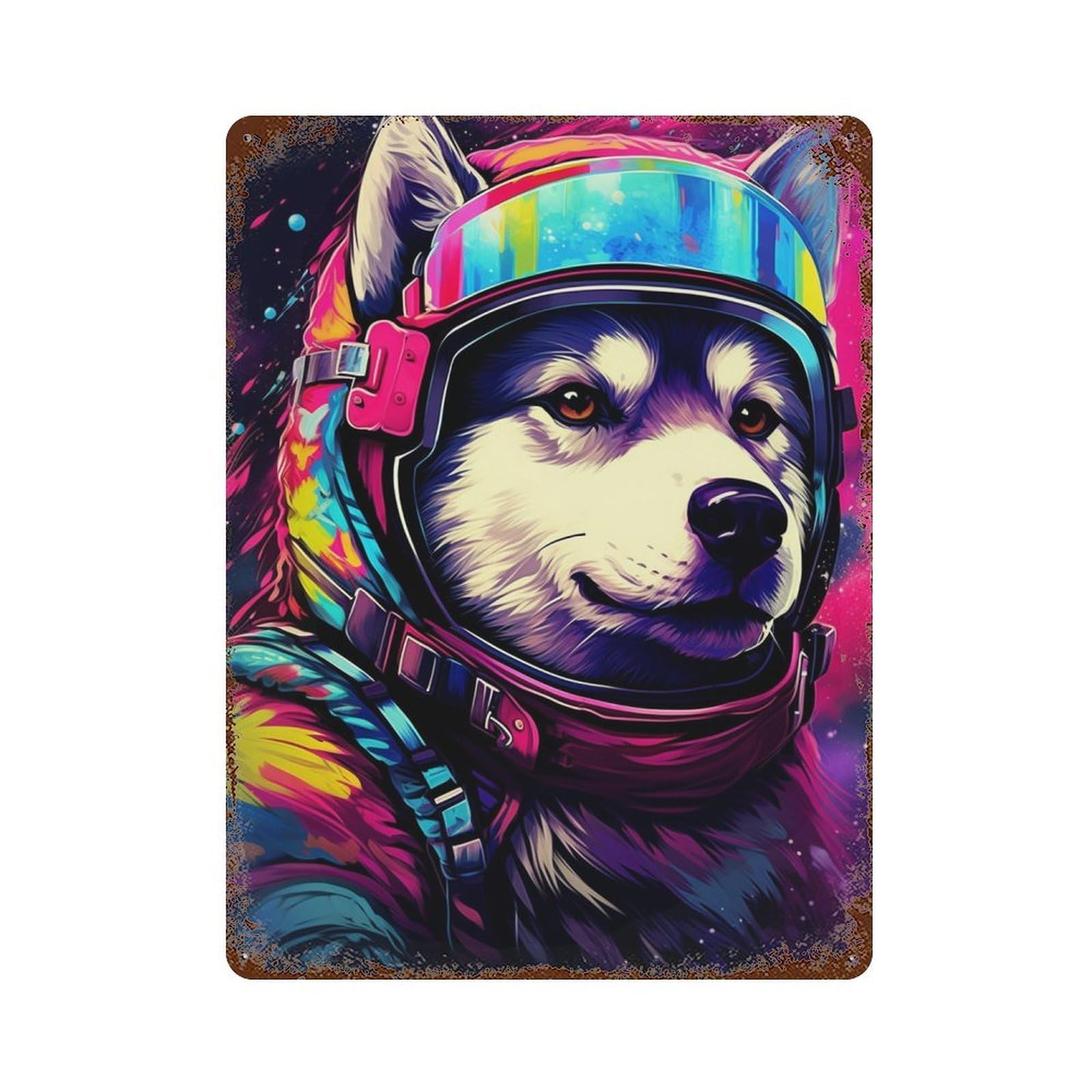 Weathered Tin Sign with Cosmic Husky Explorer Design 15.7"x11.8", for Office, Studio And Wall Decor, Retro Wall Decor