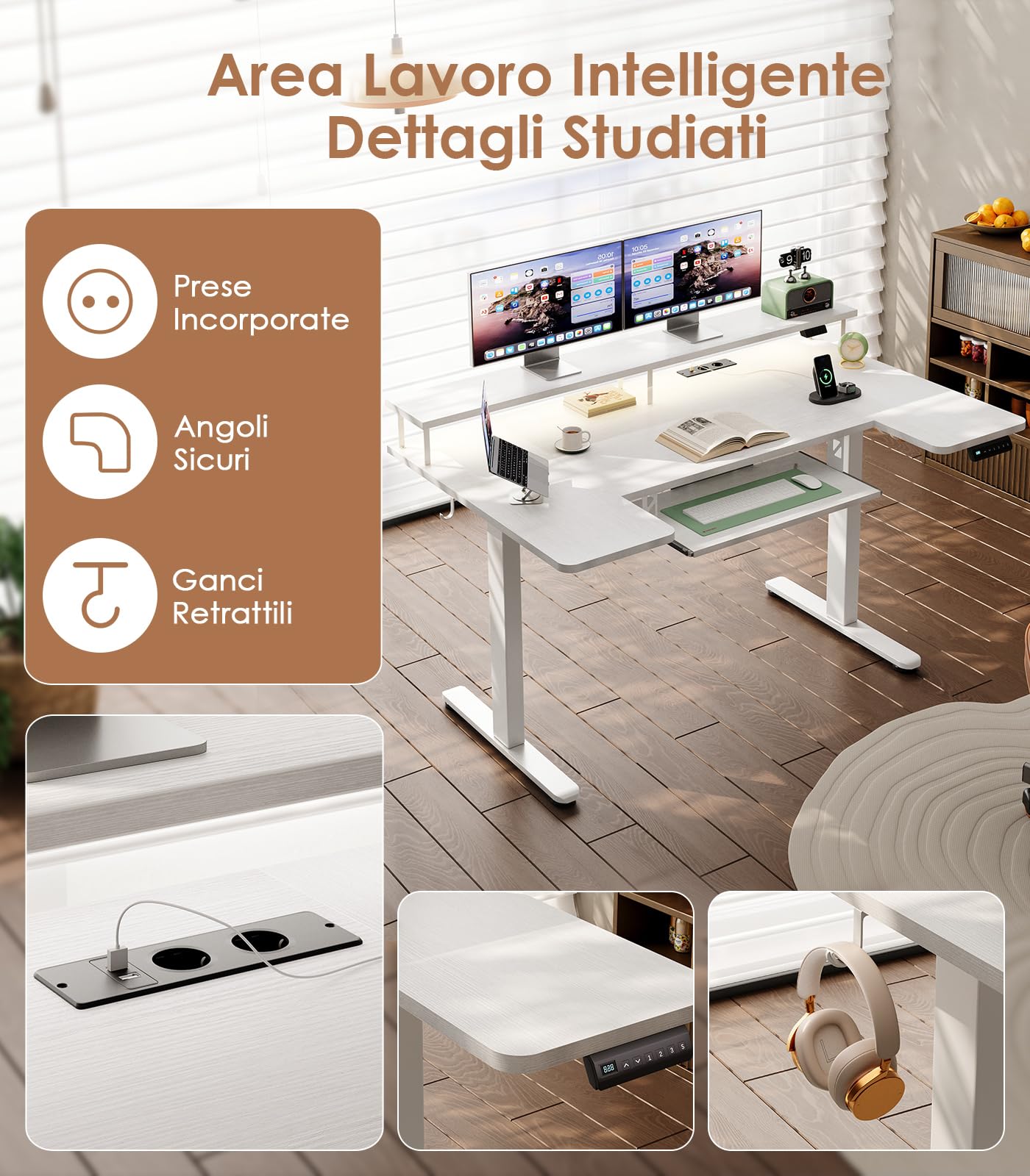 OffiGo Scrivania Elettrica con Supporto Monitor 140×74 cm, Bianco | Piano forma a U, USB e prese integrati, Scrivania motorizzata con 4 memorie, Scrivania regolabile per home office
