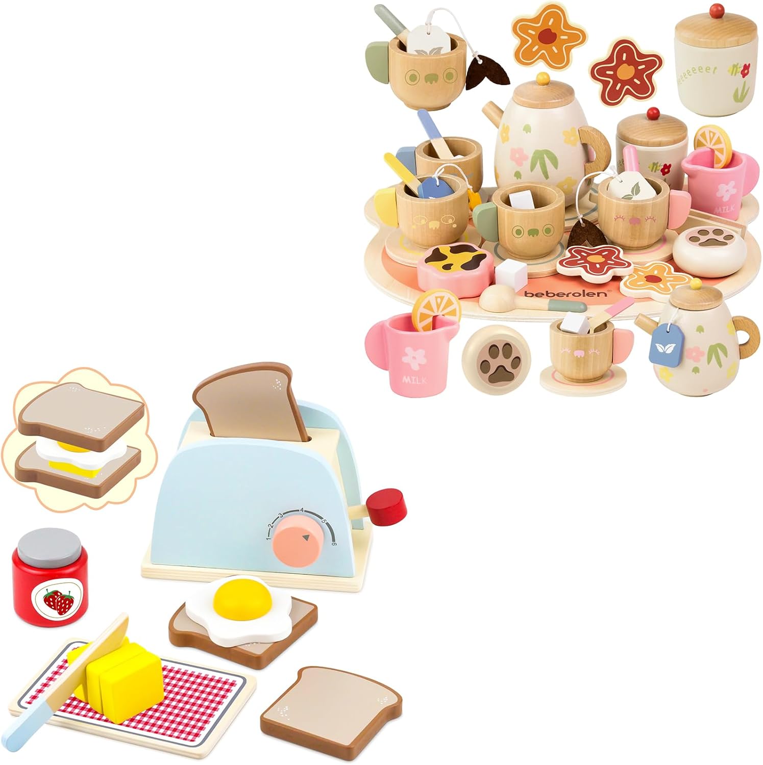 Wooden Tea Sets for Toddlers 3-5 and Wooden Toaster Play Kitchen Accessories Toys