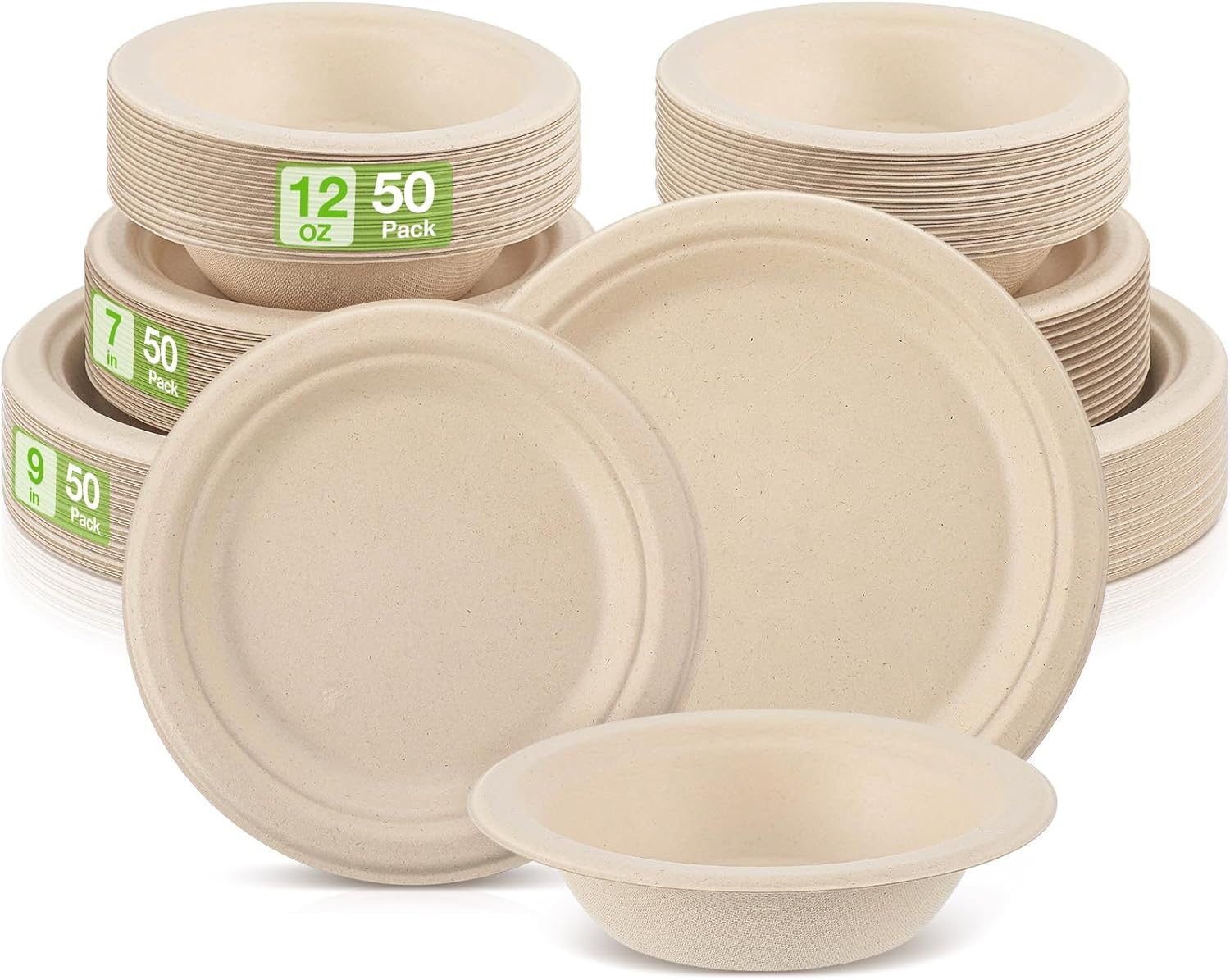 Havawish 150 Pcs Compostable Paper Plates and Bowls Set 7 Inch 9 Inch Disposable Plate 12oz Biodegradable Bowls for Party Dinner 50-person Bulk Party Supplies