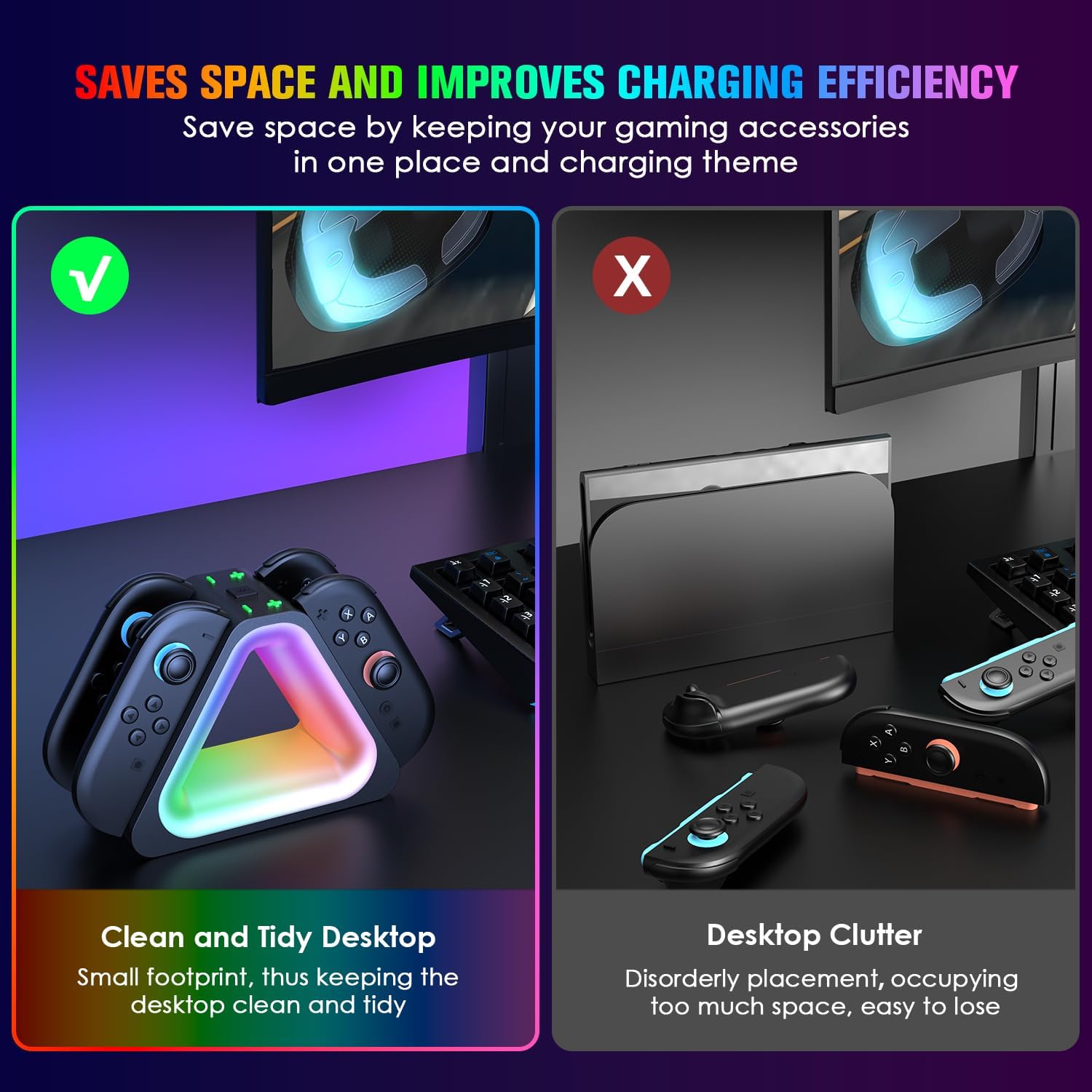 Switch 2 Joy-Con Charging Dock 4-in-1 Magnetic Fast Charging Station 7 RGB Lighting Modes Smart Safety Protection Compatible with 2025 Nintendo Switch 2 Controllers - Image 2