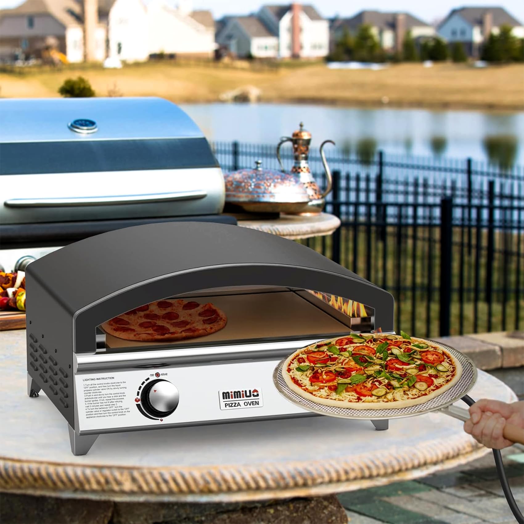 Horno de pizza de gas al aire libre de 25 pulgadas, horno portátil de propano para pizza con piedra de hornear grande - Haz 2 pizzas a la vez - Estufa multifuncional de acero inoxidable para 5