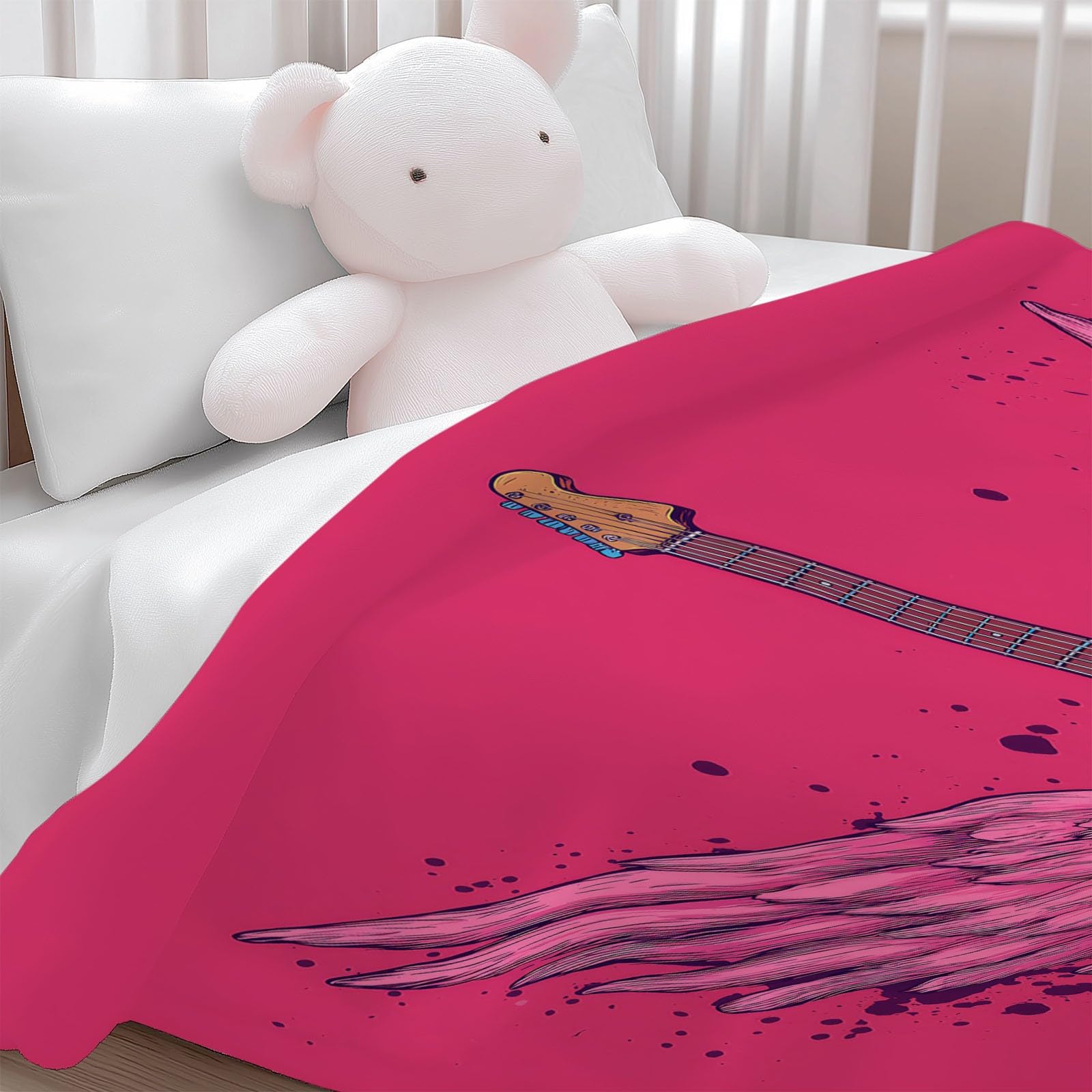 Generico Kreskówka Skrzydlata Gitara Koc Polar 150 x 200 cm Flanelowe Koce Pojedyncze Ciepłe, Różowe Koce W Kratę Polar Sherpa Łóżko Sofa Koc Zimowy