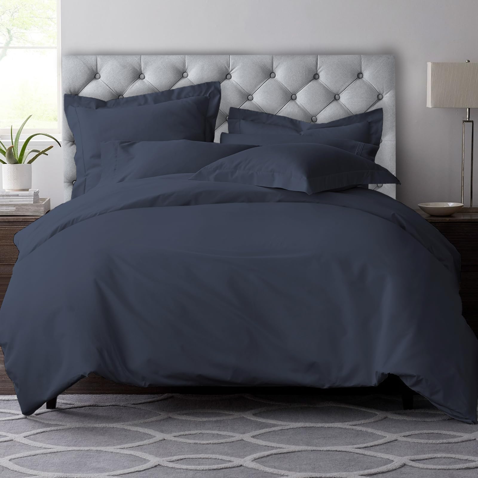 Pizuna Dark Blue Pure Combed Cotton Emperor Duvet Cover Sets 600 Thread Count 100% Long Staple Cotton Sateen Weave Duvet Cover 285 X 240 Cm With Button Closure (Emperor Bedding Set)