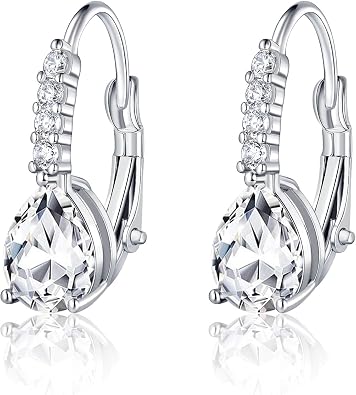 Teardrop Earrings for Women|7 * 9mm Pear-shaped Gemstone Halo CZ Dangle Earrings|18K White Gold Plated Drop Earrings Hypoallergenic Jewelry Gift