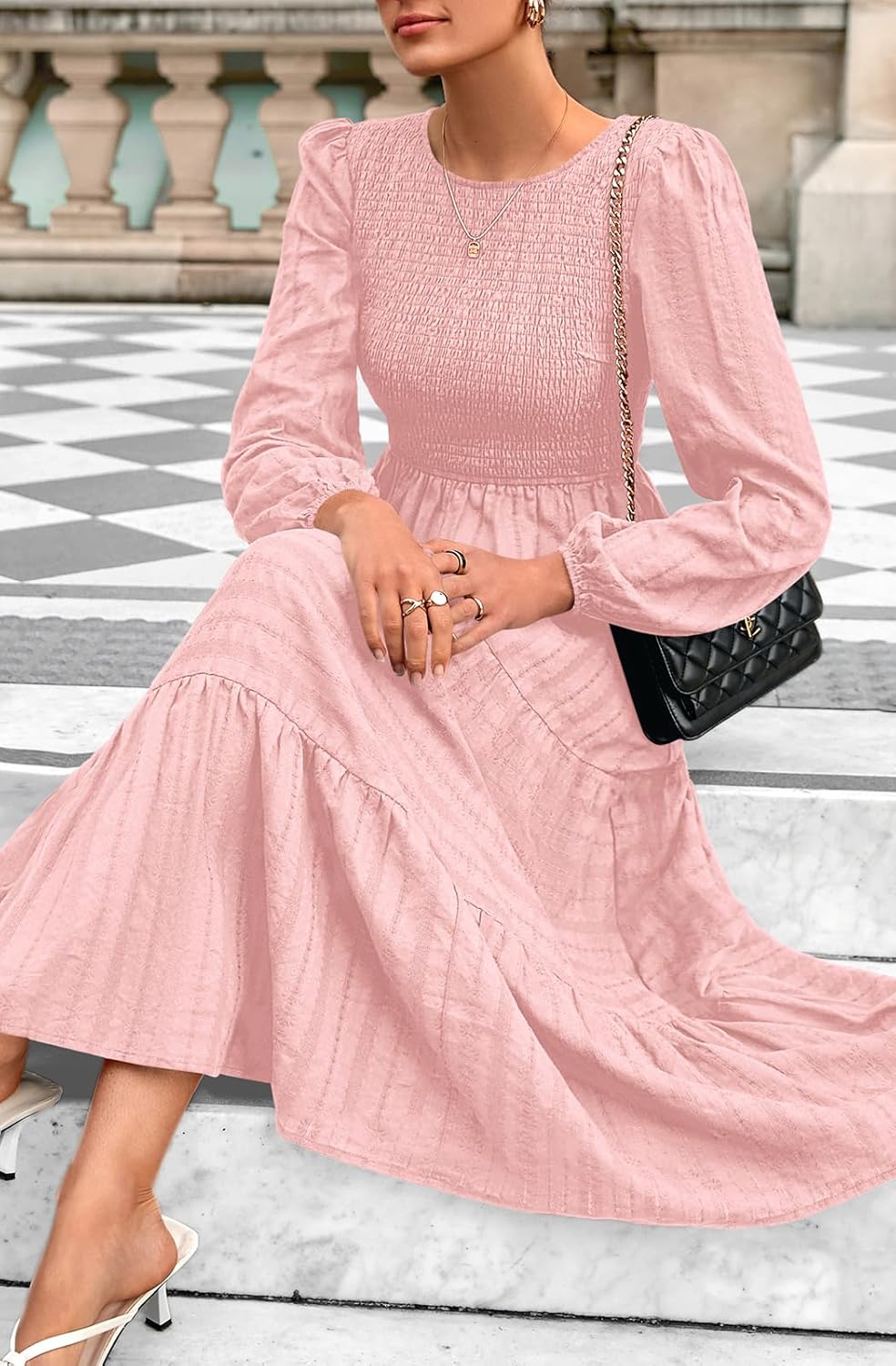 PRETTYGARDEN Womens Long Sleeve Fall Dresses Casual Crew Neck Smocked High Waist Tiered Flowy Maxi Dress with Pockets - Image 6