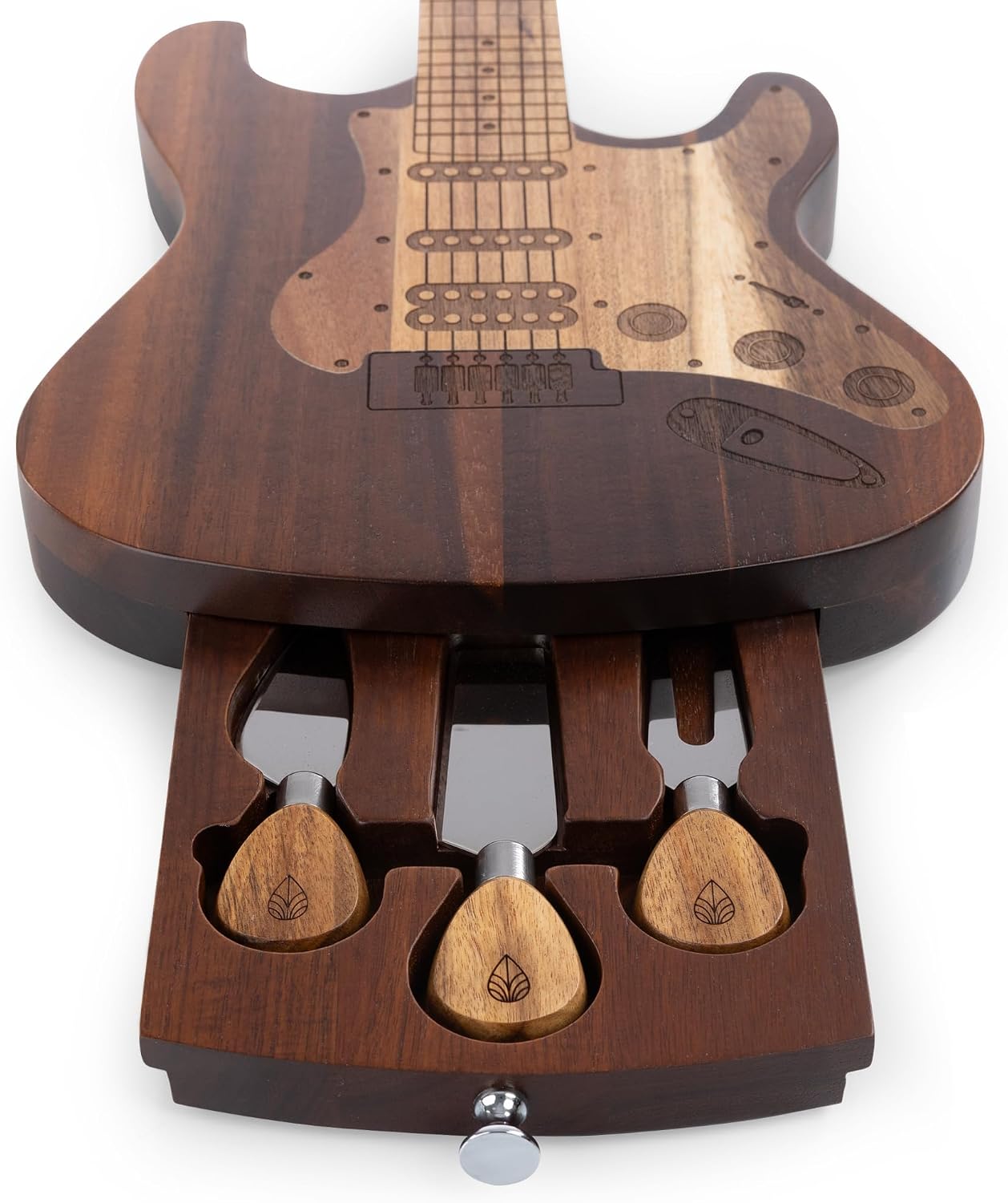 PICNIC TIME Guitar Legend Cheese Board & Knife Set, Novelty Charcuterie Board Set with Stainless Steel Tools Housed in Guitar-Shaped Piece, Swivel-Open Serving Platter, Charcuterie Set, (Acacia Wood)