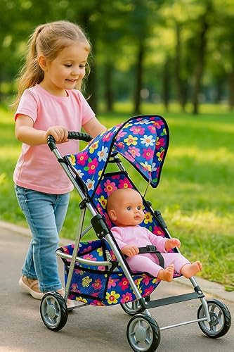 Miniatura 4 de fash n kolor® - Cochecito de muñeca bebé de lujo con ruedas grandes - Diseño de flores con cesta en la parte inferior - Cochecito de muñeca bebé