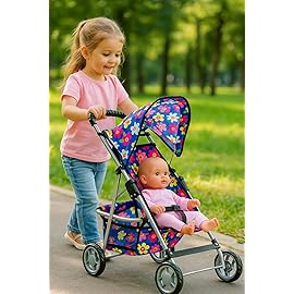 fash n kolor - Deluxe Baby Doll Stroller Toy with Big Wheels - Flower Design with Basket in The Bottom - Dolls to Play Baby Doll Stroller for Girls, Toddler Play Toy Doll Buggy Carriage Foldable