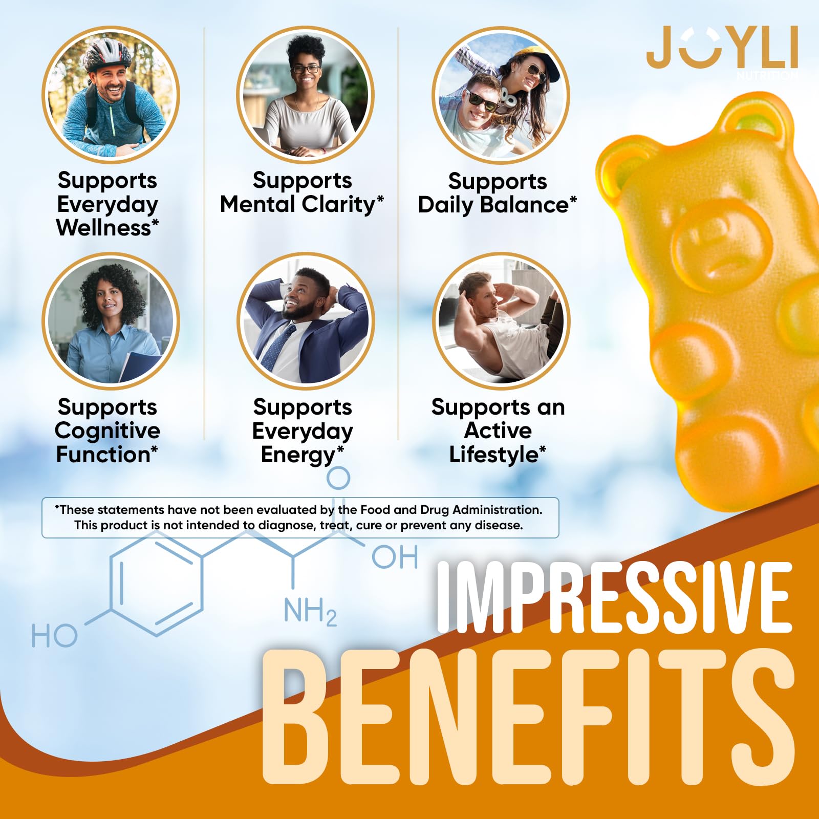 Joyli L Tyrosine Gummies 1000MG - L-Tyrosine Supplement for Kids & Adults - Calm & Focus Gummies for Brain, Memory, Mood, and Energy - 500mg L- Tyrosine Powder per Gummy - Vegan, Gluten-Free — Amazon image 2