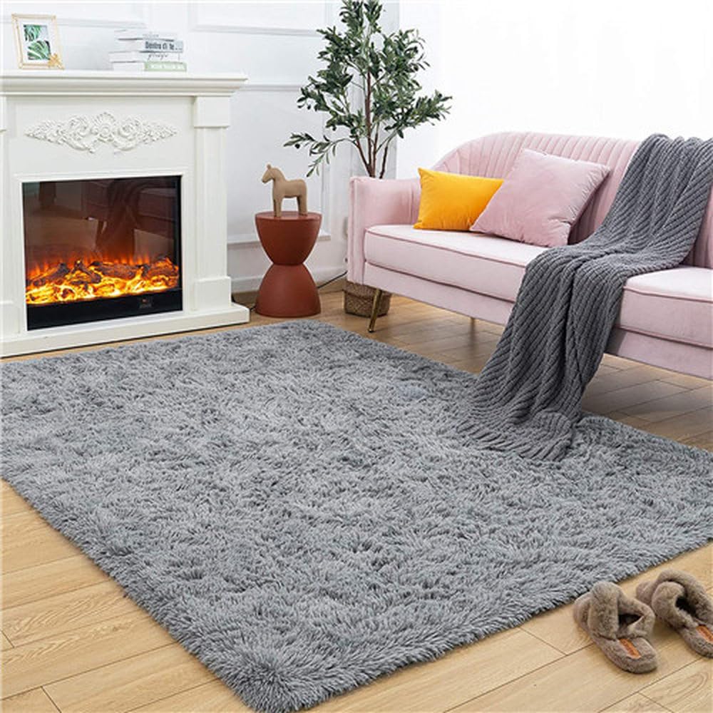 Tapis de chambre doux poils longs salon moderne argent 80x120
