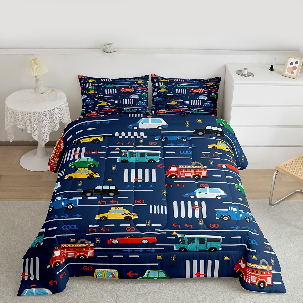 Feelyou Cartoon Car Bedding Set Queen Size Transport Vehicles Cars Comforter Set Cartoon Fire Truck Comforter for Kids Boys Girls Traffic Light Duvet Set Quilt Queen Size Boys