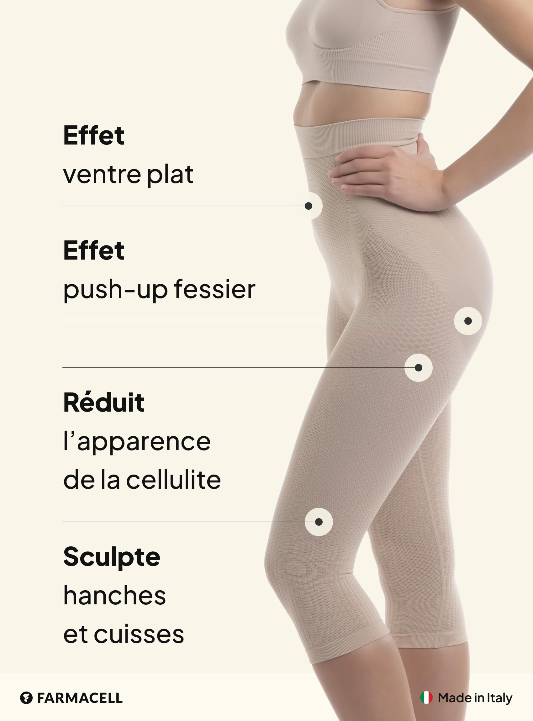 Farmacell Legging Femme 3/4 Gainant Anti-Cellulite, Effet Ventre Plat et Push-Up, Made in Italy, 323