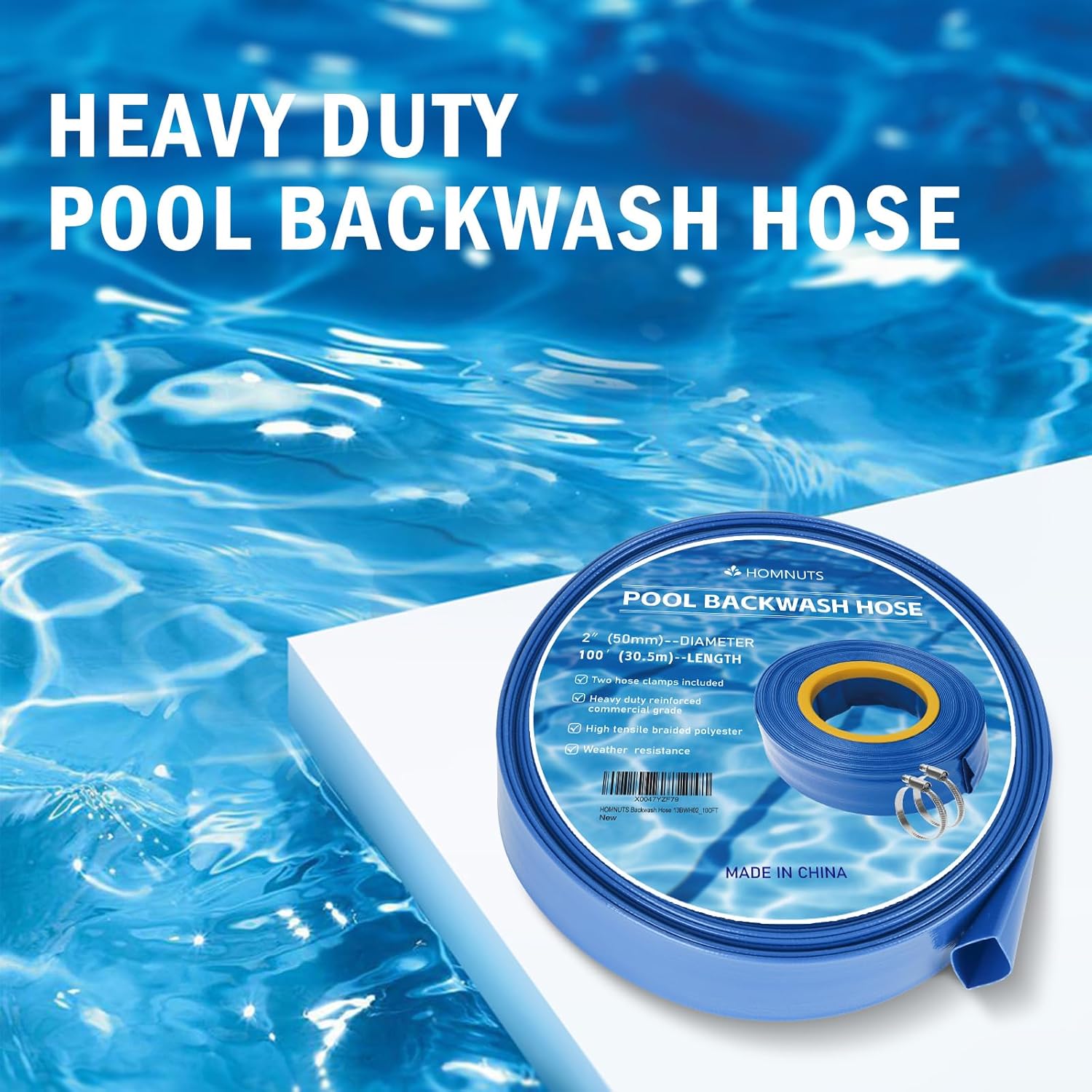 Pool Backwash Hose 2 IN x 100 FT Blue Pool Pipes with Two Stainless Steel Clamps for Swimming Pool, Garden, Water Transfer