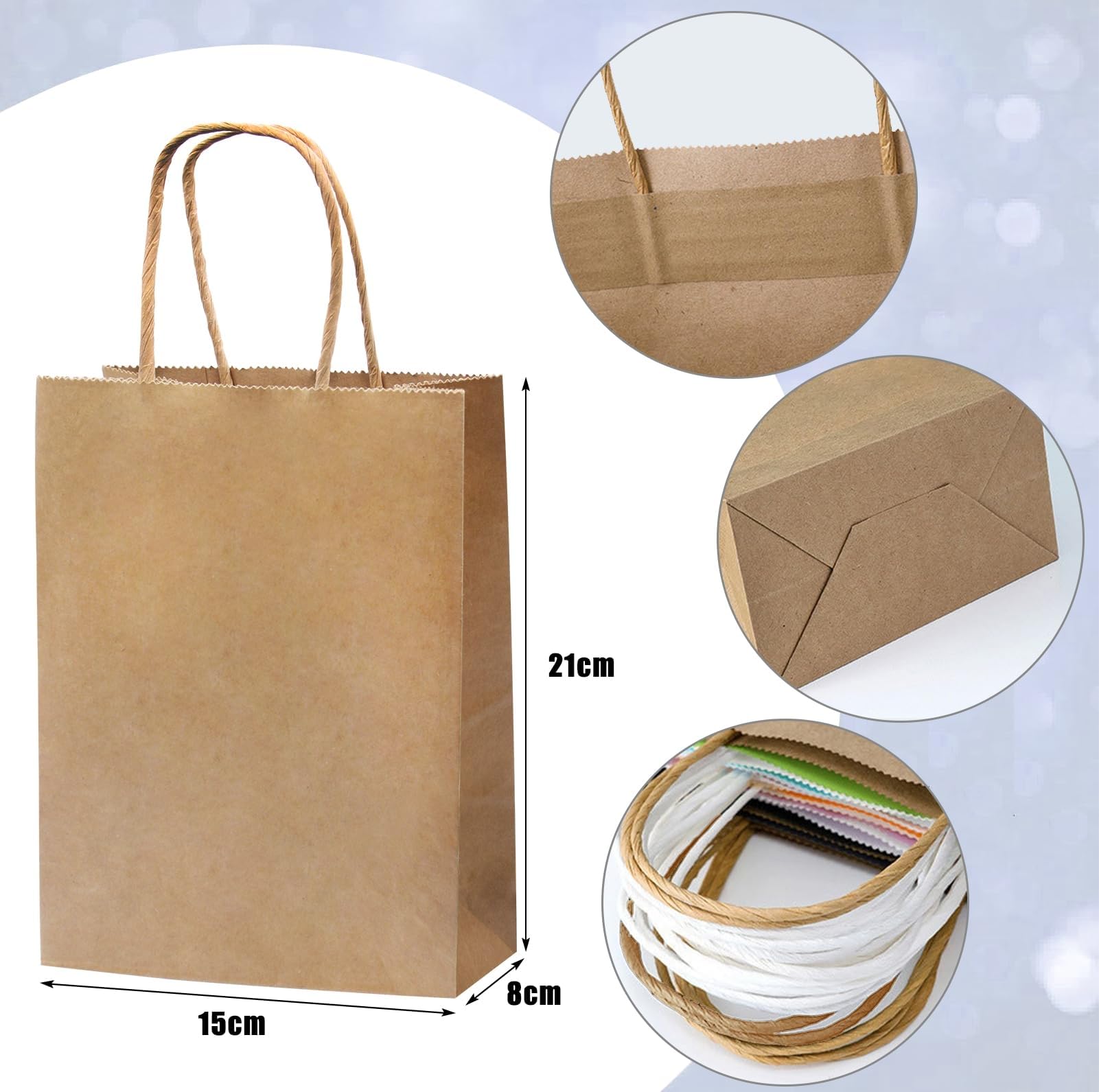 rokrist 15 Bolsas de Papel Kraft Coloridas con Asas, Pequeñas Bolsas de Regalo, para Fiestas Navideñas, Bodas, Cumpleaños, Celebraciones, Dulces, Manualidades (21x15x8cm)