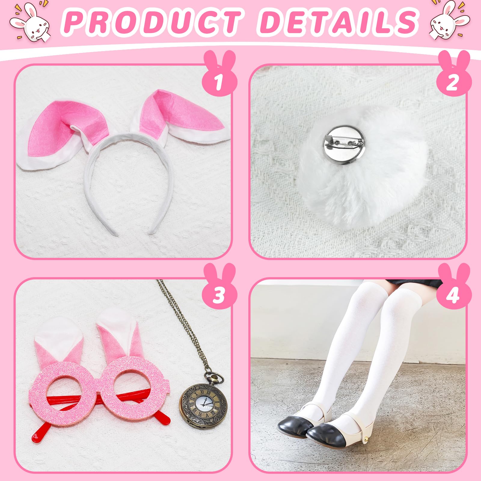 Athora 9Pcs Bunny Costume Set, Pink Rabbit Dress Up Outfit, Animal Costume Set including Accessories with Bunny Ears Headband - Image 4