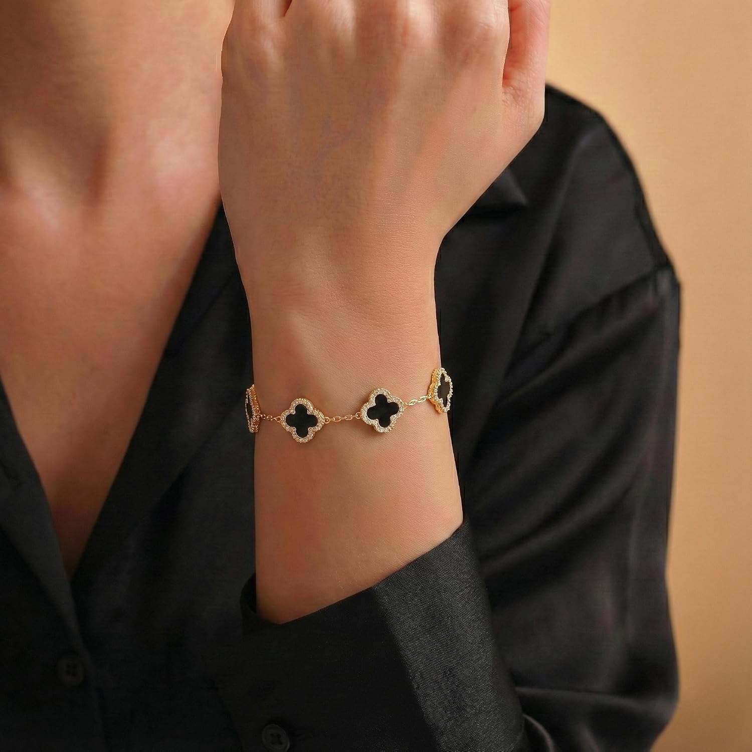 Billet-doux 14k Gold Plated Clovers Bracelet with Sparkling Cubic Zirconia Stones, Non-Tarnish Gold Plated Four Leaf Clover Bracelet, Mother's Day Jewelry Gifts for Women
