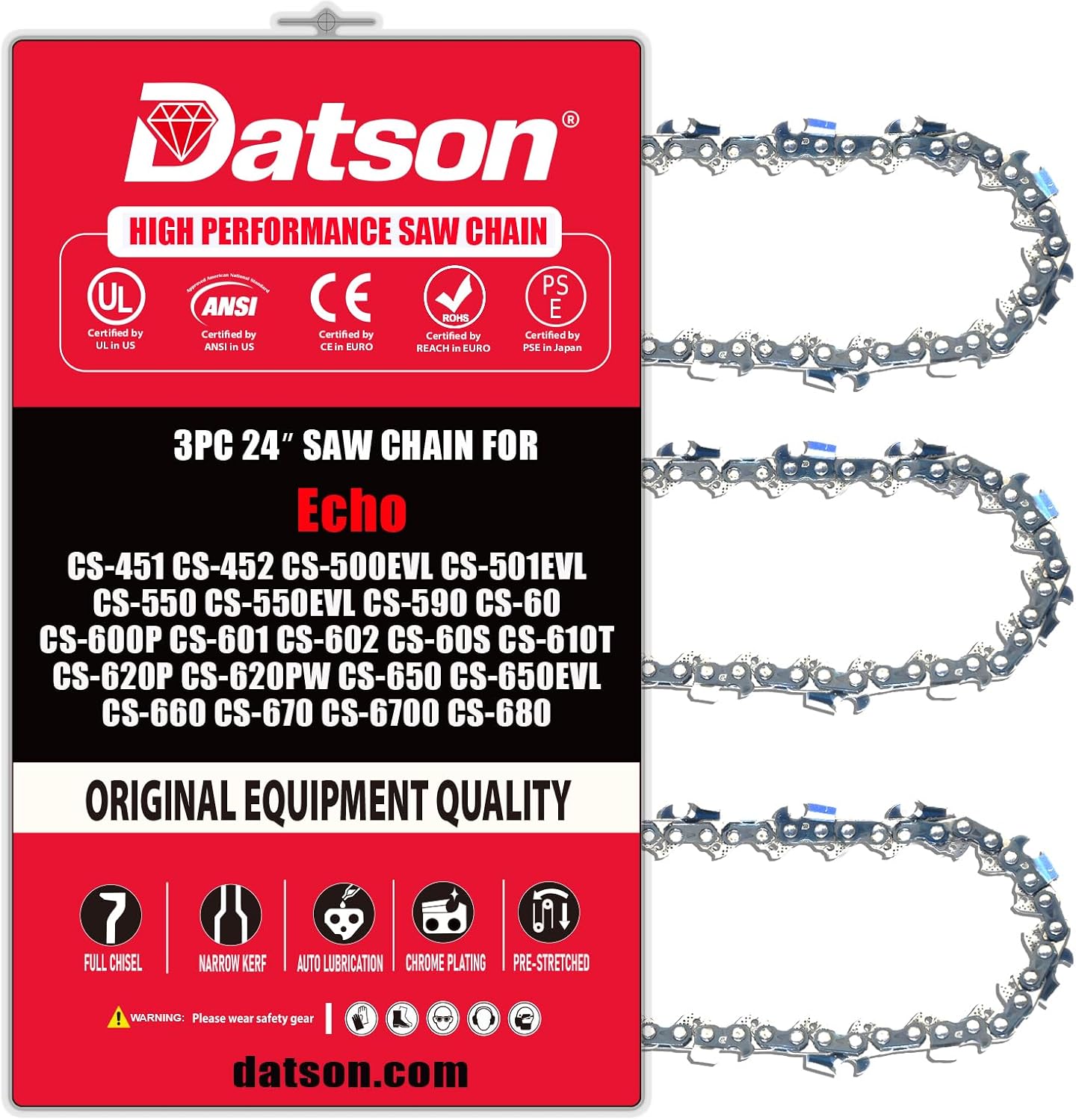 24 Inch Chainsaw Chain Replacement for Echo CS-451 CS-452 CS-500EVL CS-501EVL CS-550EVL CS-600P CS-601 CS-602 CS-610T CS-620PW CS-650 CS-650EVL CS-6700 CS-680,Jonsered,McCulloch (3 Chains)