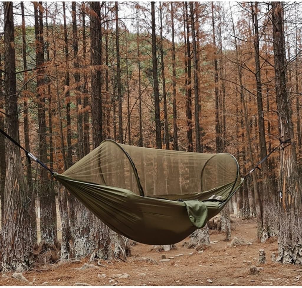 Hammock Double Automatic Quick-Opening Mosquito Net Hammock Outdoor Camping Anti-Rollover Nylon Hammock with Mosquito Net Hammock Outdoor(Orange)