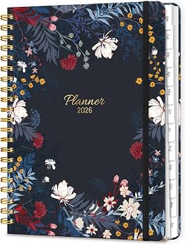 2026 Planner, A5 Weekly and Monthly Planners with Tabs, Spiral Bound Daily Calendar 2026 Planner, Agenda Organizers from Jan. to Dec., Hardcover Habit Tracker Journal 6.18" x 8.5"Black Bloss