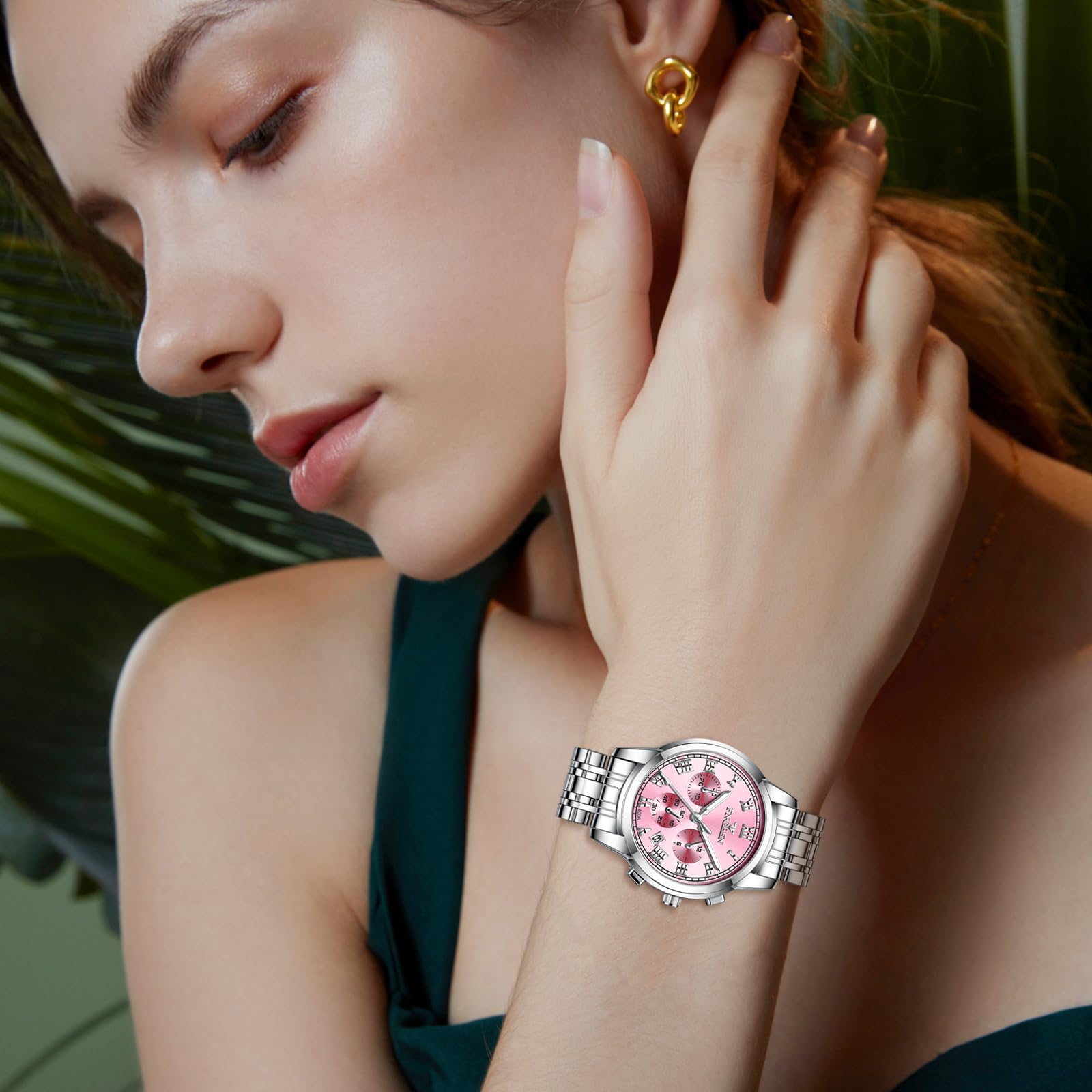 Aroncent Par de relojes de San Valentín para parejas: relojes impermeables con tres ojos, números romanos, calendario, manecillas luminosas, relojes de pulsera analógicos de cuarzo para hombres y