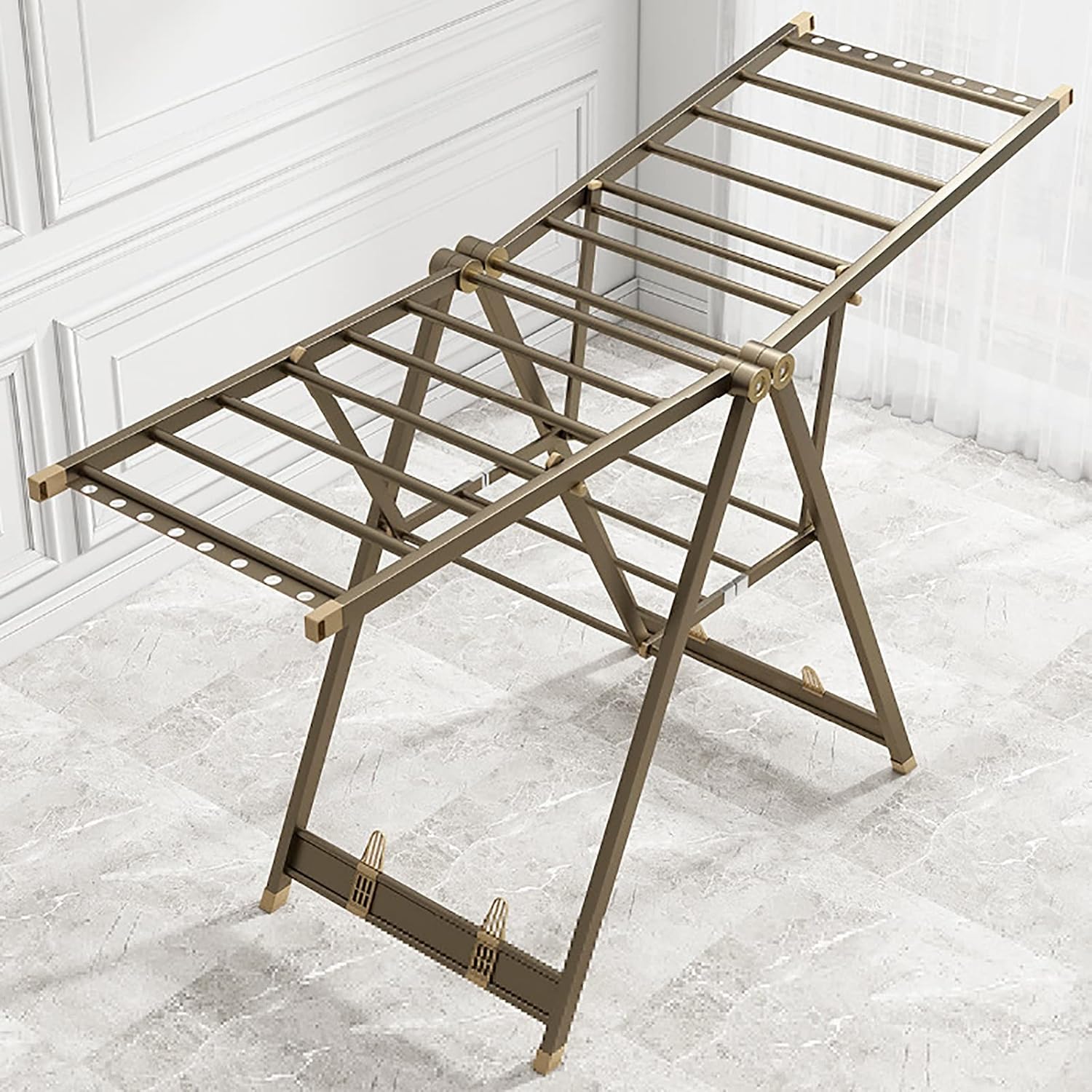 2-Level Folding Clothes Drying Rack with Adjustable Gullwing, Space-Saving Free-Standing Laundry Rack with Hanging Rods & Shoe Hangers for Indoor/Outdoor Use, Bronze, Ex