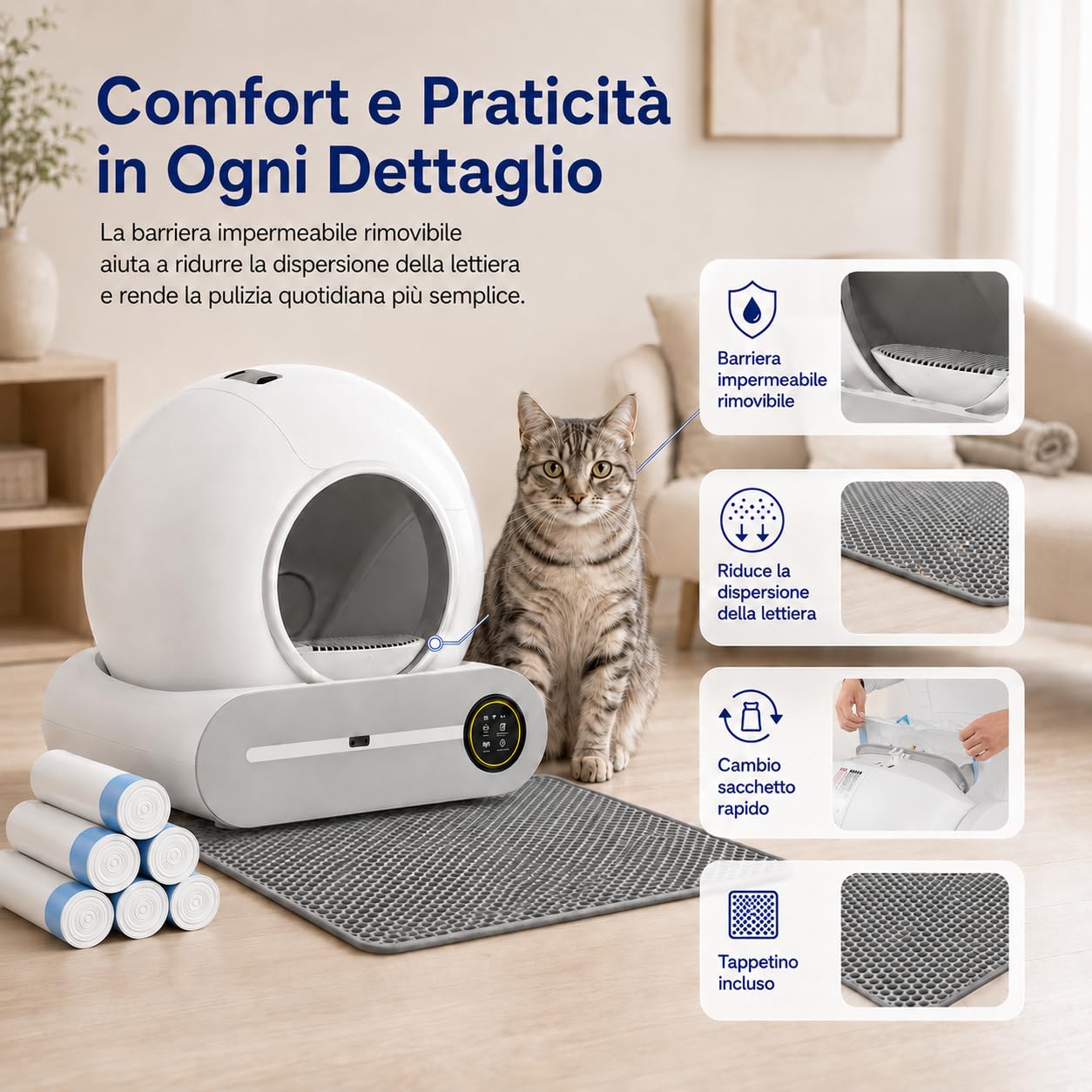 Lettiera Gatto Autopulente XXL 65L con Cassetto Rifiuti 9L, Lettiera Automatica per Più Gatti con Controllo App, Sistema Antiodore Ionico e Monitoraggio Salute, per Gatti da 1 a 8 kg (A)
