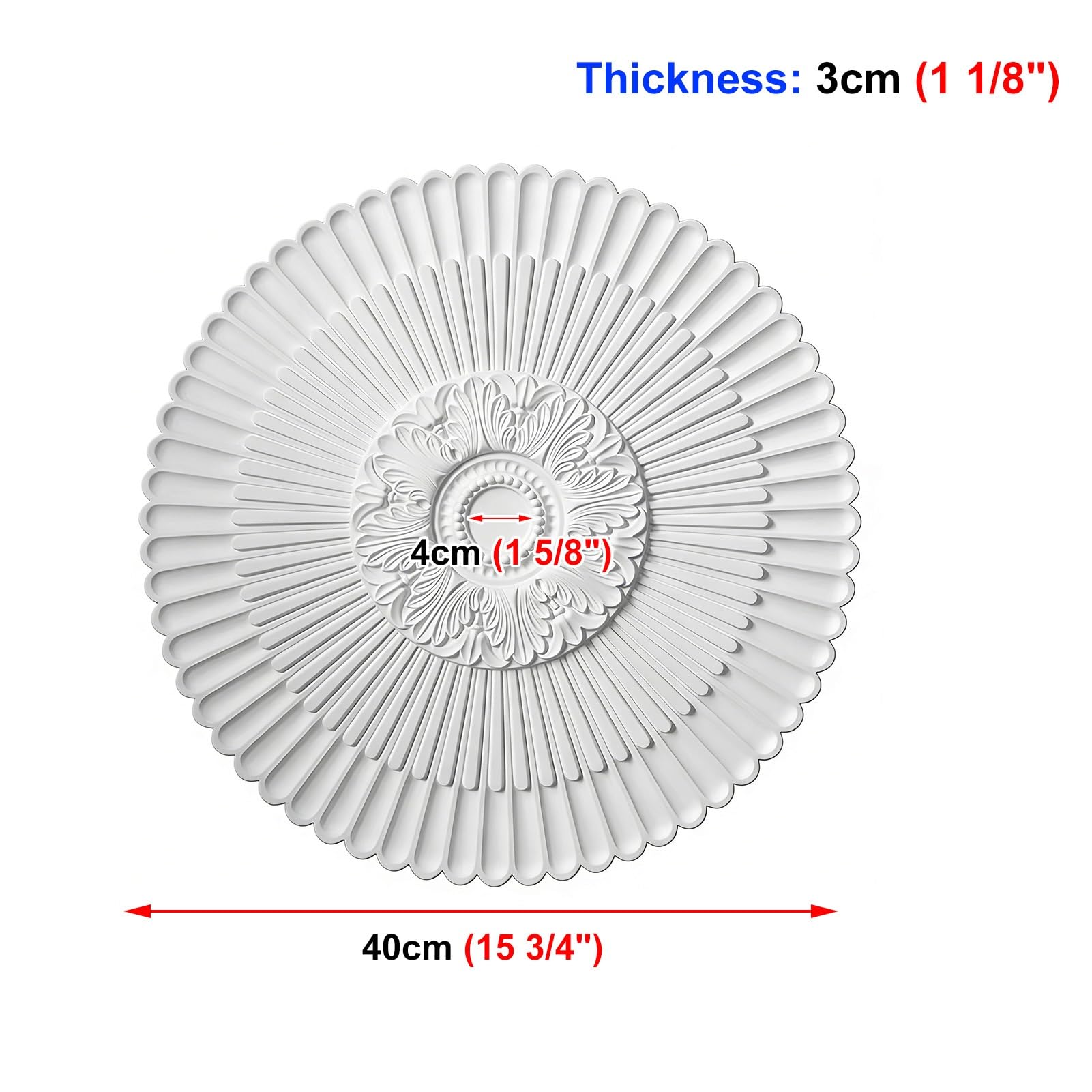 Rosone Decorativo da soffitto, Medaglione Floreale, Modanatura a Sospensione per lampadario, Copertura verniciabile, Diametro 40 cm