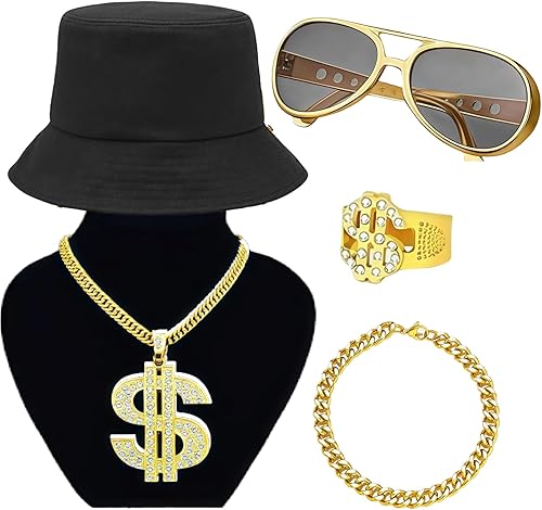 Miniatura 7 de Kit de disfraz de hip hop de los años 80 y 90, accesorios de rapero, trajes de fiesta de Halloween de rapero de la vieja escuela