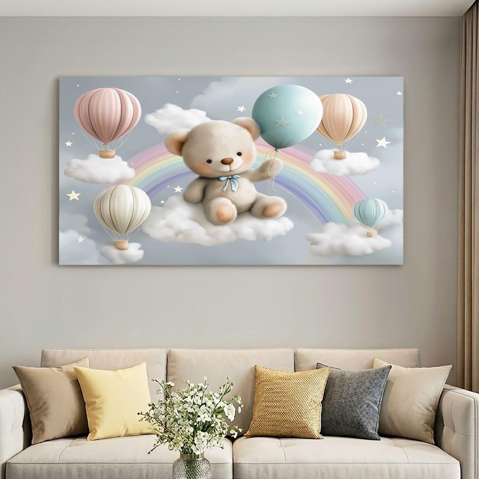 Leinwand Bilder Cartoon 90 x 60 cm Kinder Wandbilder Kunstdrucke, Grau Teddybär Luftballons Wolken - Panorama Wanddekoration für Wohnzimmer Schlafzimmer