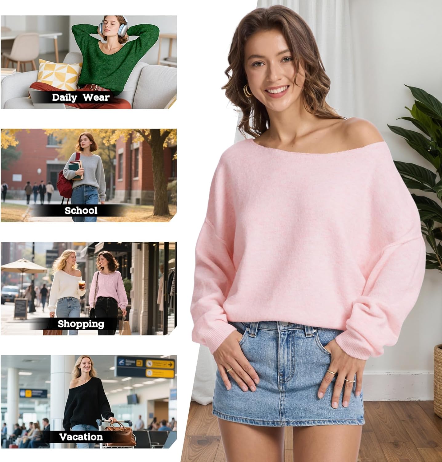 FAlABLE Women's Sweater Off Shoulder & Boat Neck Oversized Long Sleeve Pullover Cozy Knit Fall Winter Casual Tops - Image 2