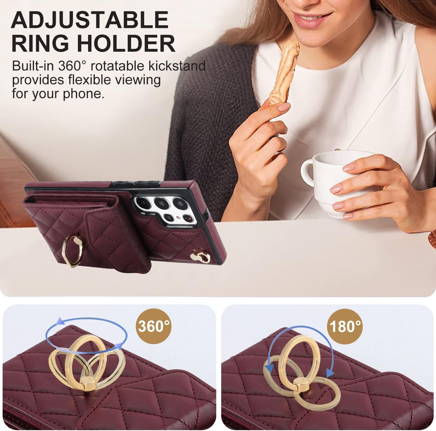 Asuwish Phone Case for Samsung Galaxy S22 Ultra 5G Wallet Cover with Tempered Glass Screen Protector and Wrist Strap Ring RFID Blocking Card Holder Cell S22ultra 22S S 22 S22ultra5g 6.8 Women Wine Red